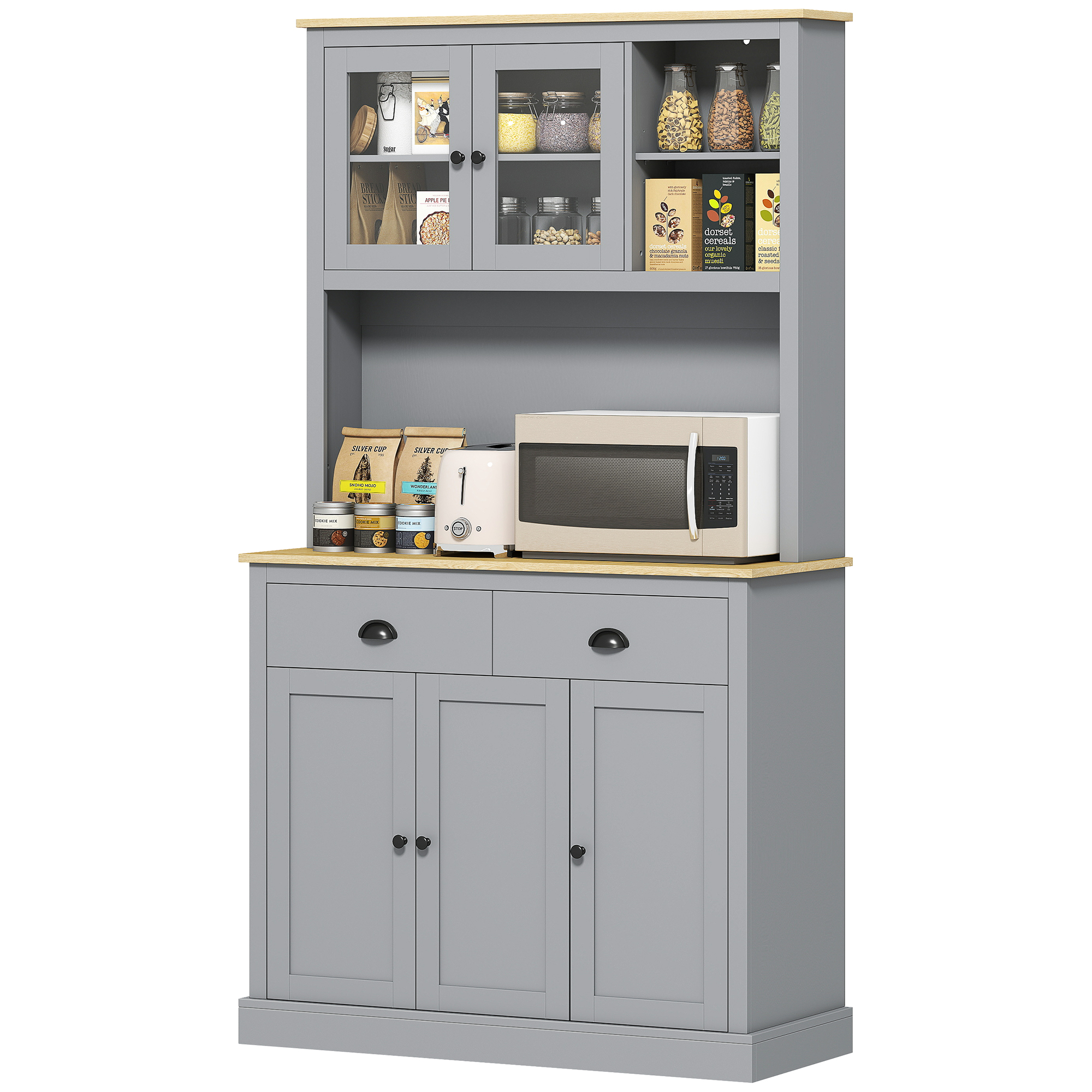 HOMCOM Freestanding Kitchen Cabinet, 71" Tall Pantry Cabinet, Modern Hutch with Wide Countertop, Adjustable Shelves, Gray