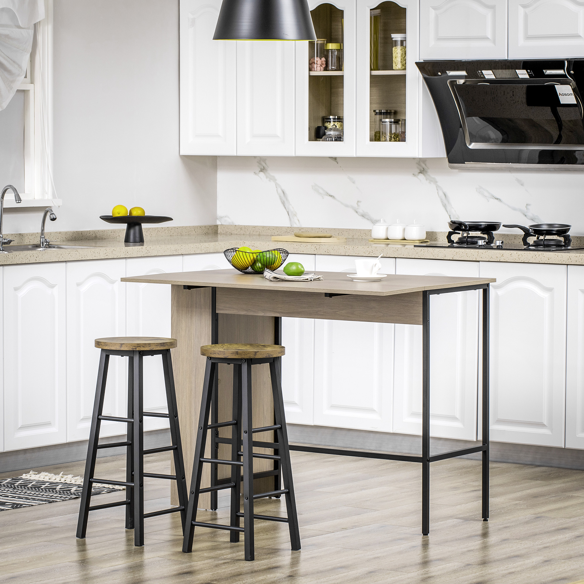 HOMCOM Counter Height Table with Drop Leaf, Extendable Bar Table with Adjustable Storage Shelf, Light Grey Aosom Canada