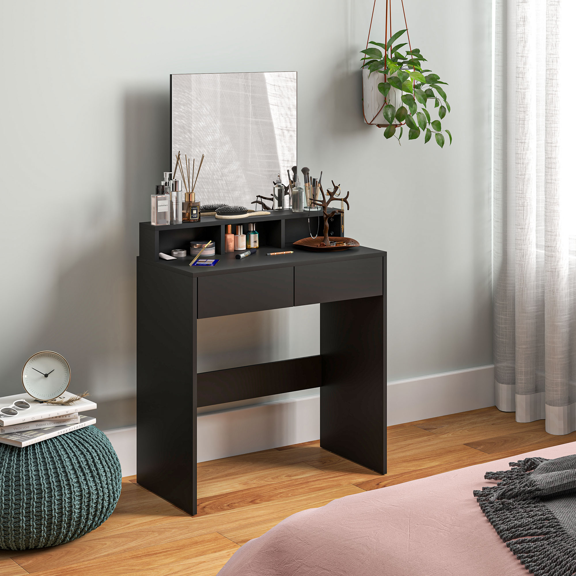 HOMCOM Makeup Vanity Desk with Mirror, for Bedroom, Modern Dressing Table with Drawers, Compartments, Black Aosom Canada