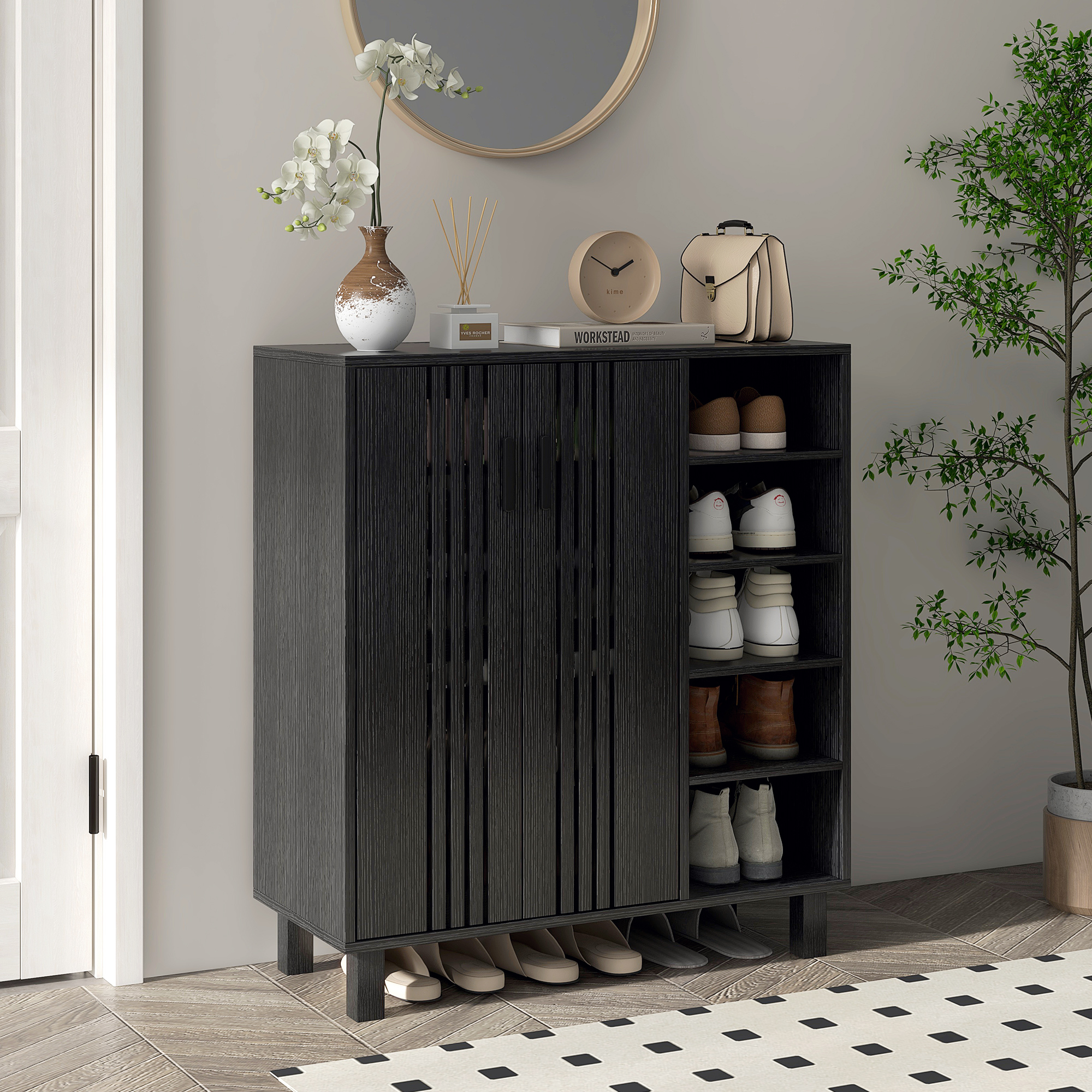 HOMCOM Shoe Storage with Double Doors Open Shelves 17 Pair Shoe Storage Organizer for Entryway Hallway Black Aosom Canada