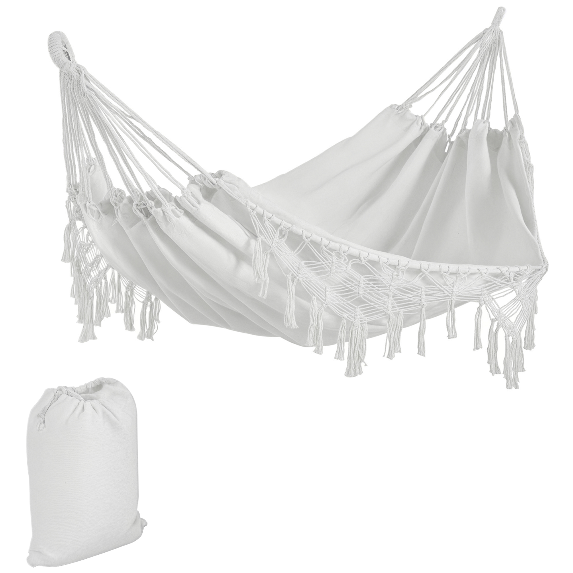 Outsunny Extra Large Boho Hammock with Macrame Tassel Fringe, Includes Carrying Bag, Indoor Outdoor Tree Hammock, White