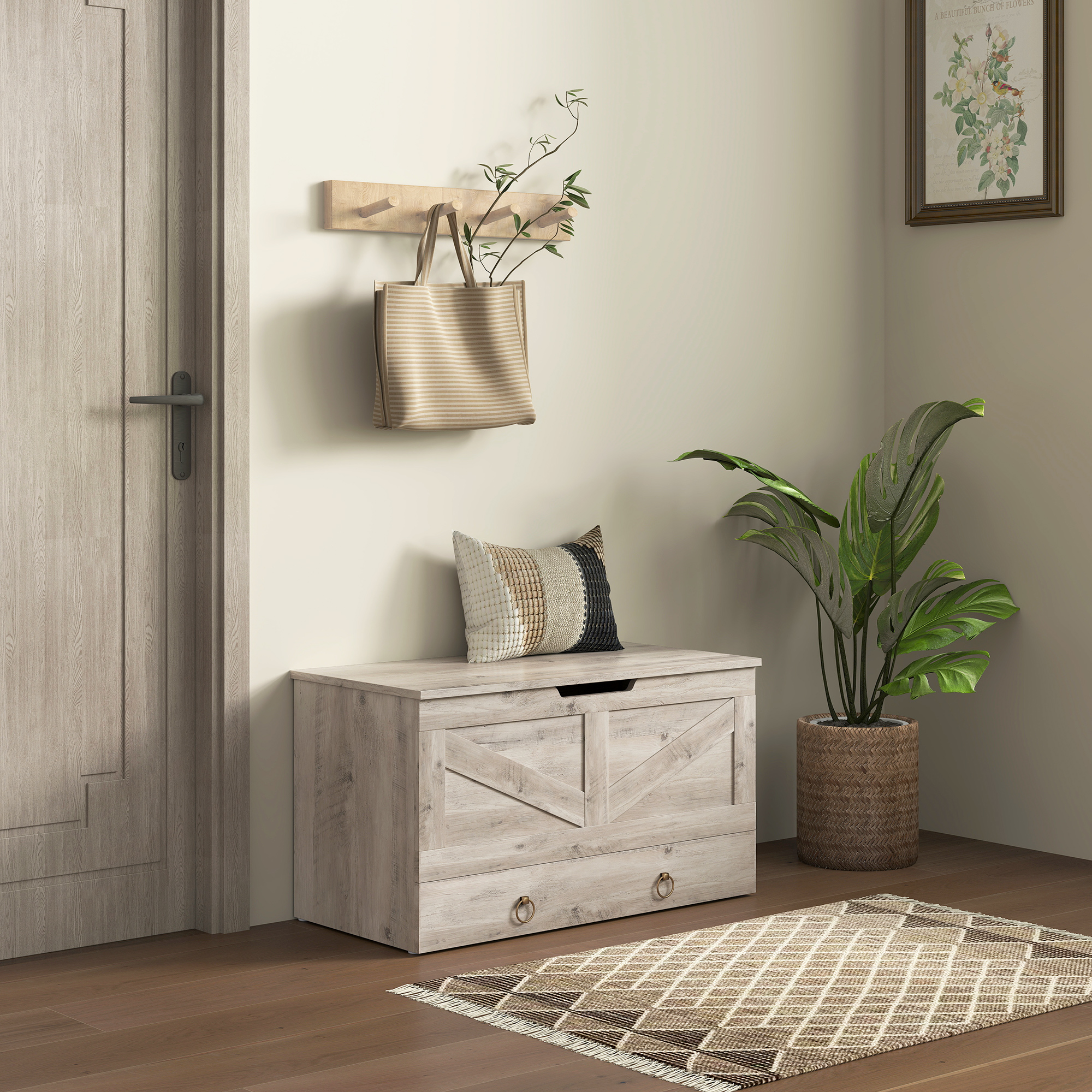 HOMCOM 31.5 Inches Storage Chest, Storage Trunk with 2 Safety Hinges, Wooden Box for Living Room, Grey Wood Grain Aosom Canada