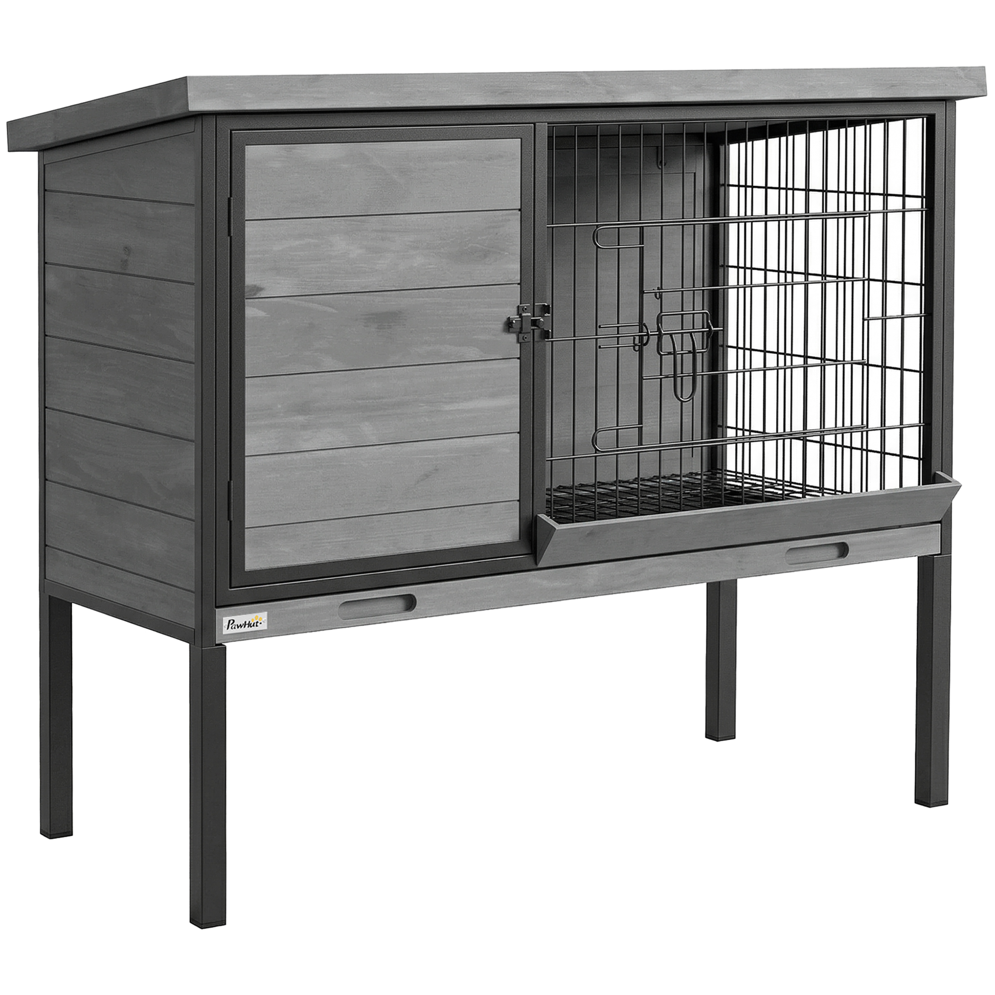 PawHut Elevated Rabbit Hutch Outdoor, Wooden Rabbit Cage Bunny House with Pull-out Tray and Openable Plastic Roof