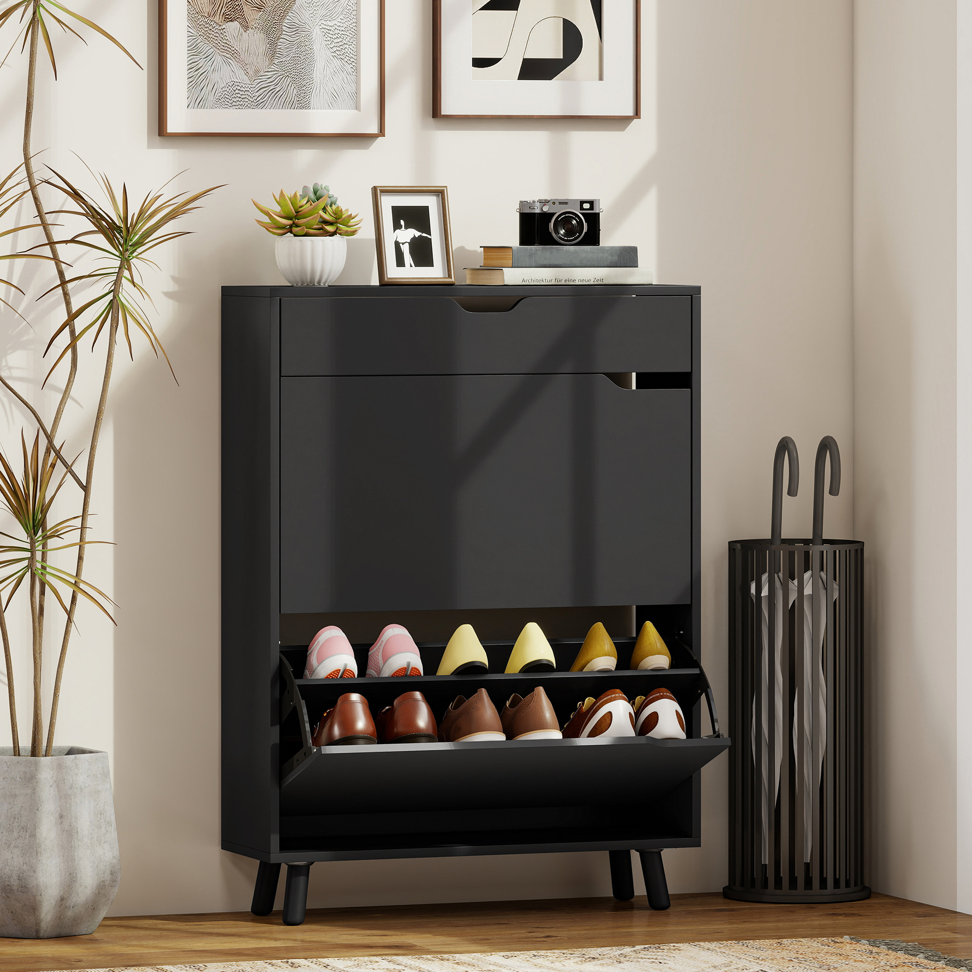 HOMCOM Narrow Shoe Cabinet for Entryway with 2 Flip Drawers, Top Drawer and Adjustable Shelves for 12 Pairs of Shoes, Black Aosom Canada