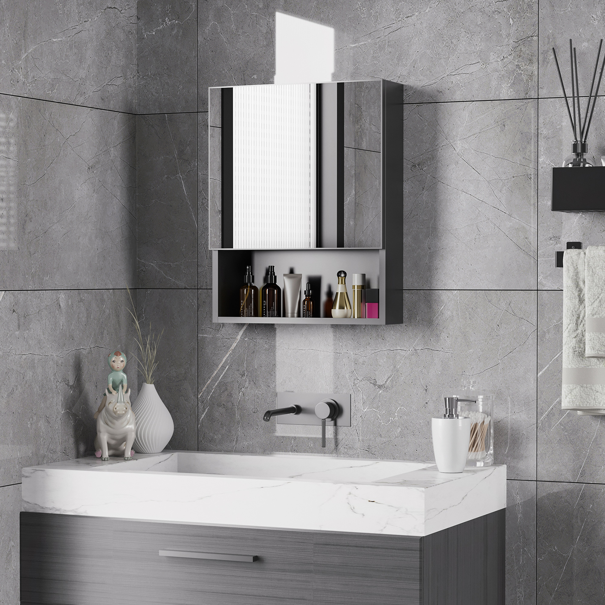 Kleankin Black Wall Cabinet: Bathroom Mirror Cabinet with Stainless Steel Frame, Single Door & Storage Shelves Aosom Canada