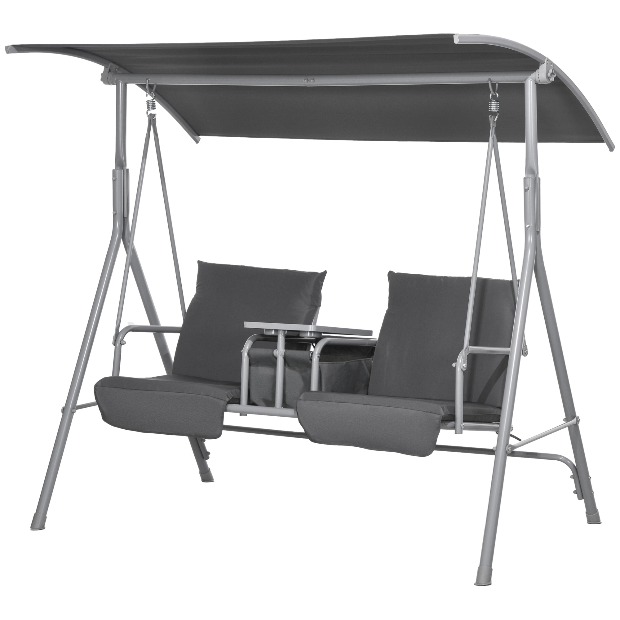 Outsunny 2-Seater Outdoor Porch Swing with Canopy and Table, Patio Swing Chair for Garden, Poolside, Backyard, Gray