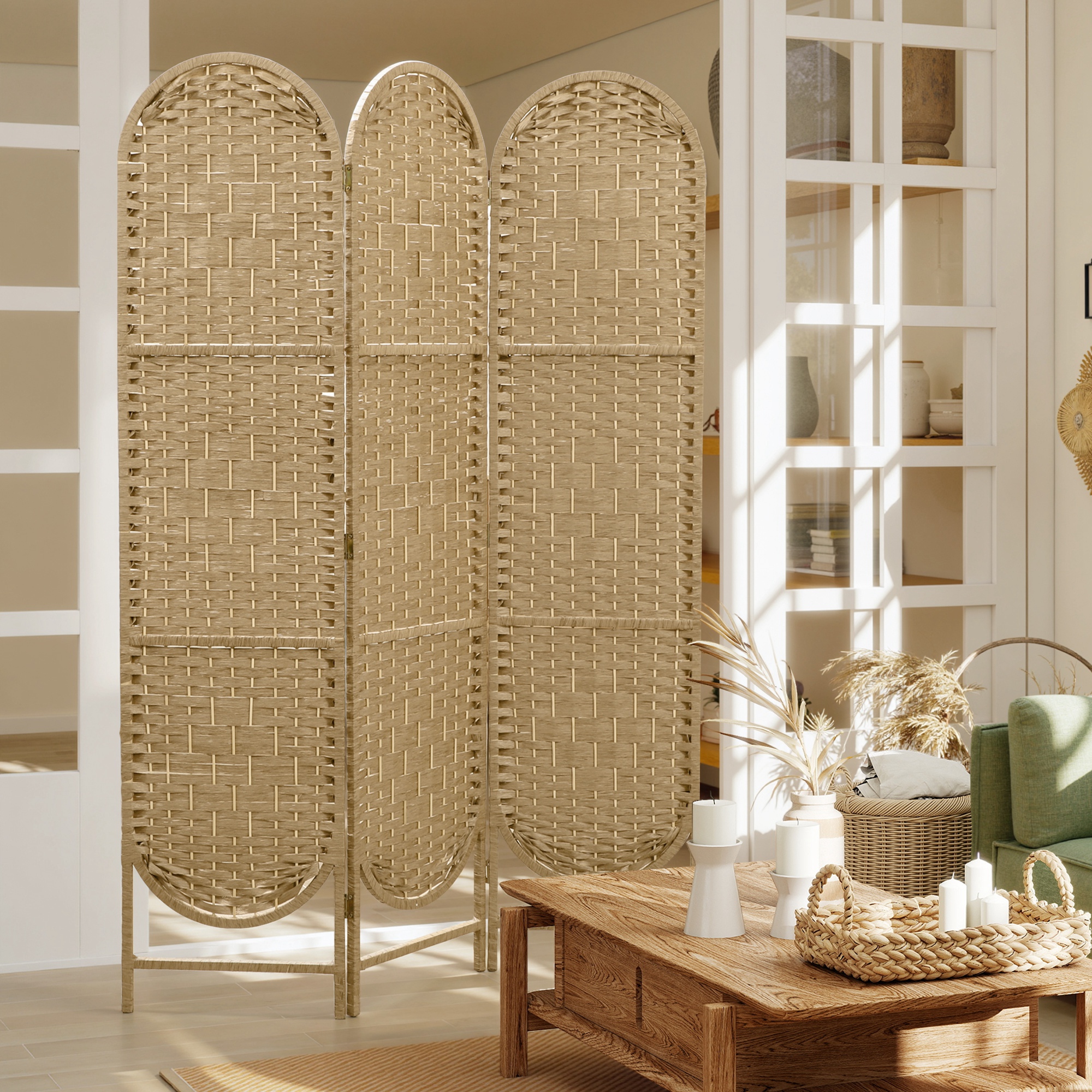 HOMCOM Bohemian Privacy Screen, Folding Room Divider with 3 Panels and Arched Top for Bedroom Living Room Office, Natural Wood Aosom Canada
