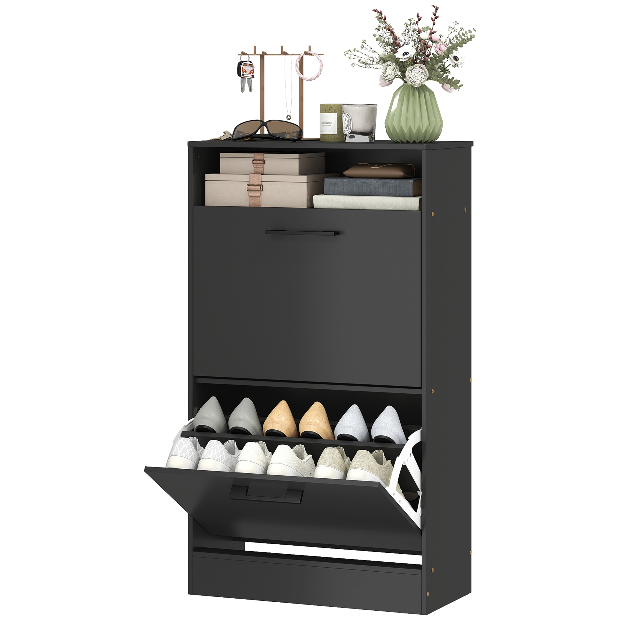 HOMCOM Shoe Cabinet 2 Flip Drawers Adjustable Dividers Shoe Storage Cabinet Top Shelf Entryway Black