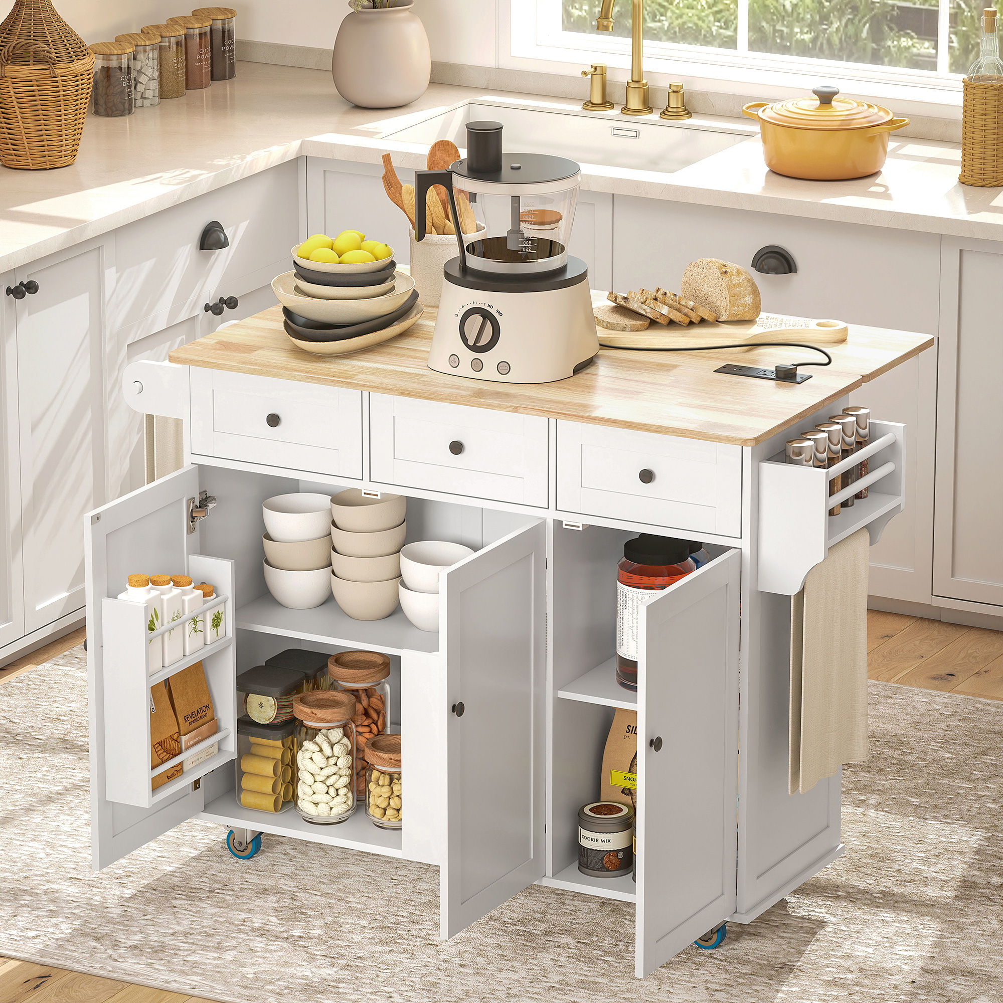 HOMCOM Kitchen Island on Wheels with Drop Leaf, Charging Station, Rolling Kitchen Cart with Wood Top, Adjustable Shelf, White Aosom Canada