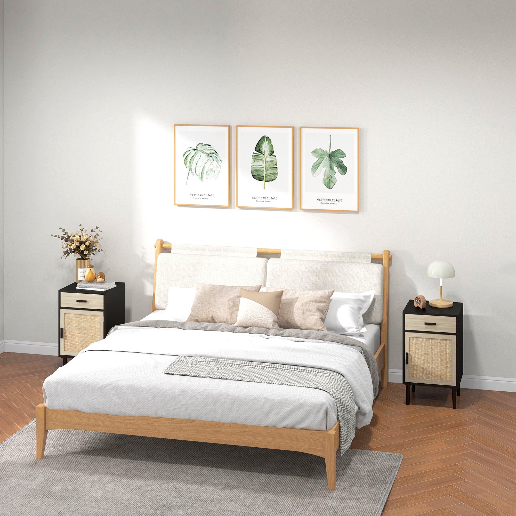 HOMCOM Boho Night Table Set: 2 Pieces, 3-Level Shelf, Rattan Cabinet, Nightstands, Bedroom, Black Aosom Canada