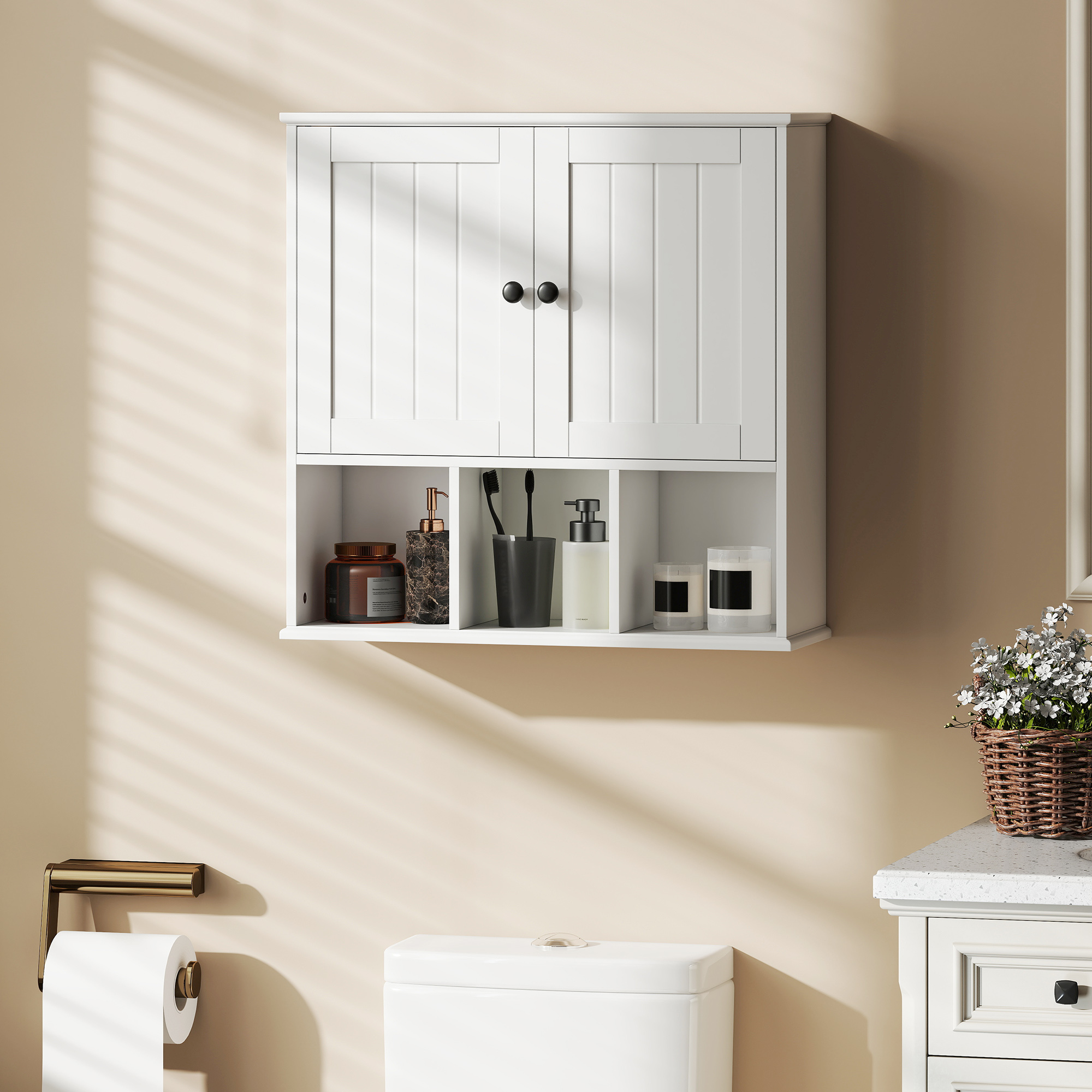HOMCOM Farmhouse Bathroom Wall Cabinet, Wall Mounted Medicine Cabinet with Adjustable Shelf, Open Compartments, White Aosom Canada