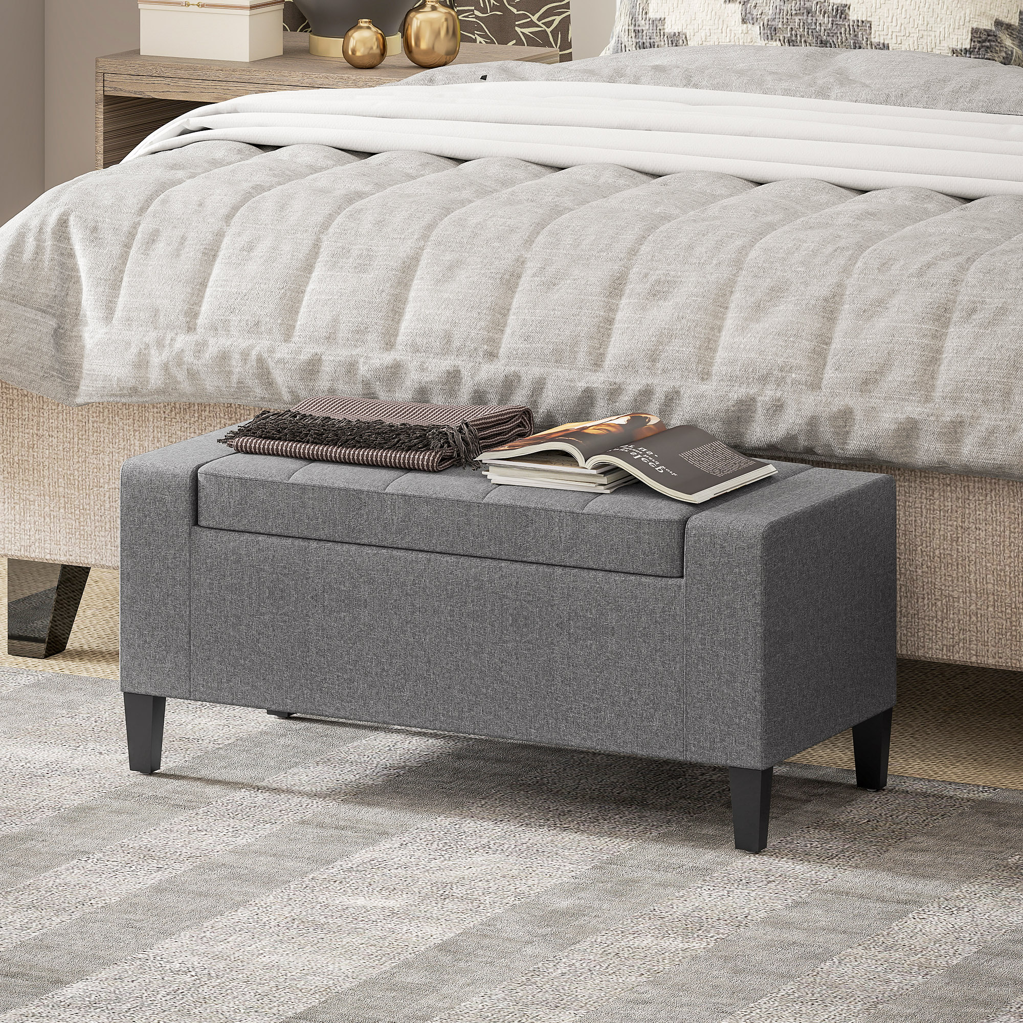 HOMCOM Linen-Touch Tufted Ottoman: Grey Fabric Bench with Flipping Top, Footstool for Living Room Aosom Canada