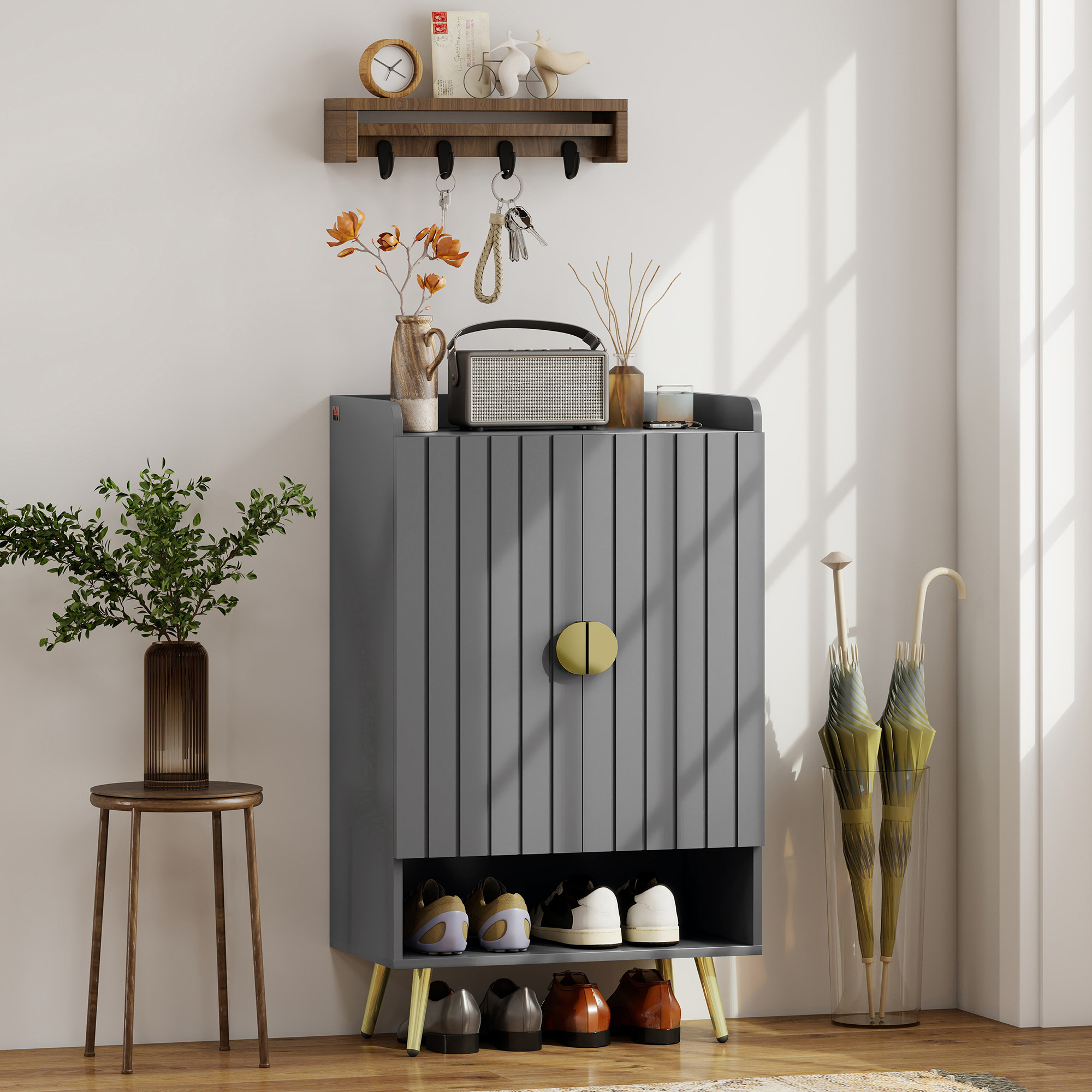 HOMCOM Modern Entryway 15 Pair Shoe Cabinet with 2 Doors Adjustable Shelves, Grey Finish for Stylish Organization Sleek Design Aosom Canada