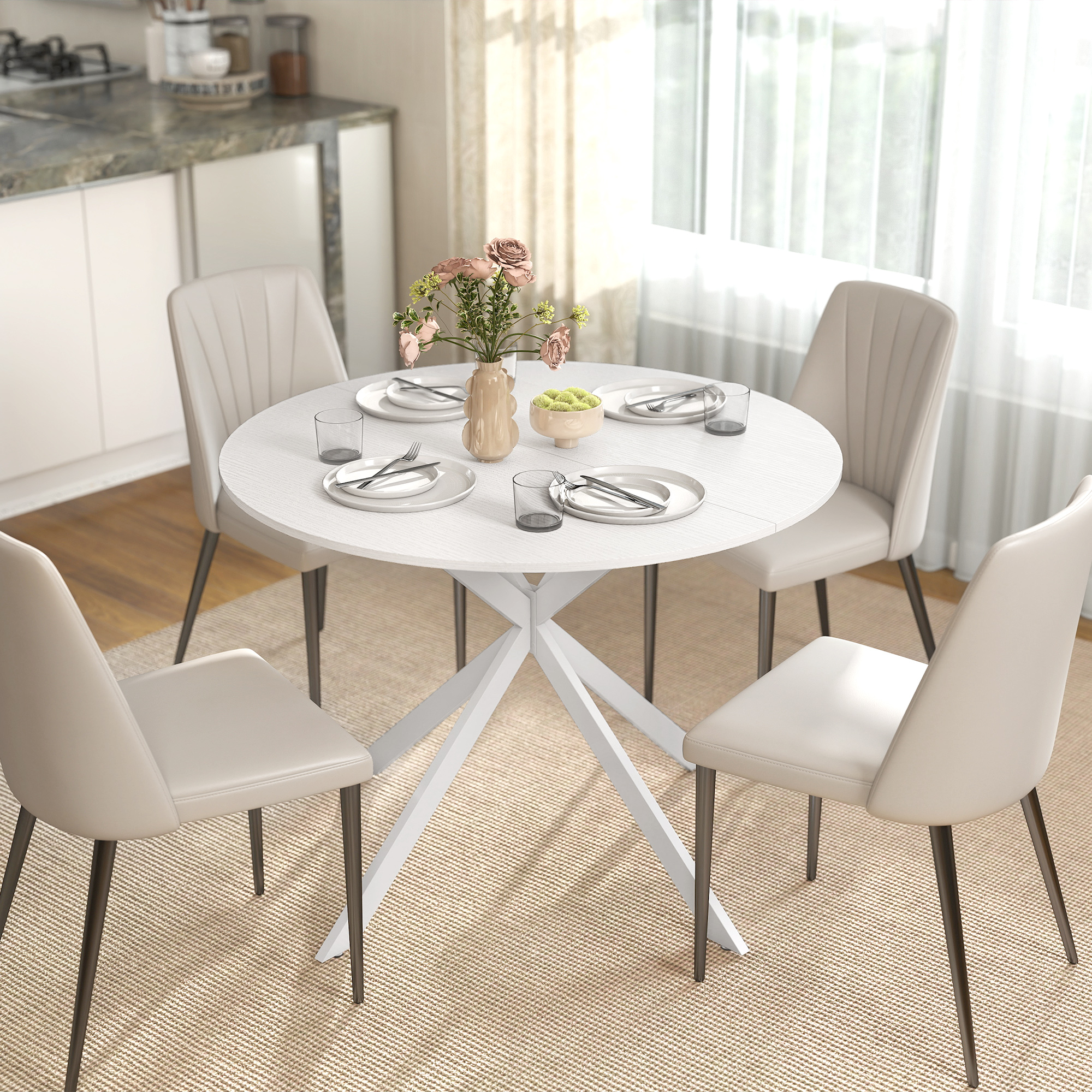 HOMCOM 40" Round Kitchen Table for 4, Industrial Dining Table with Steel Legs for Dining Room, White Oak Aosom Canada