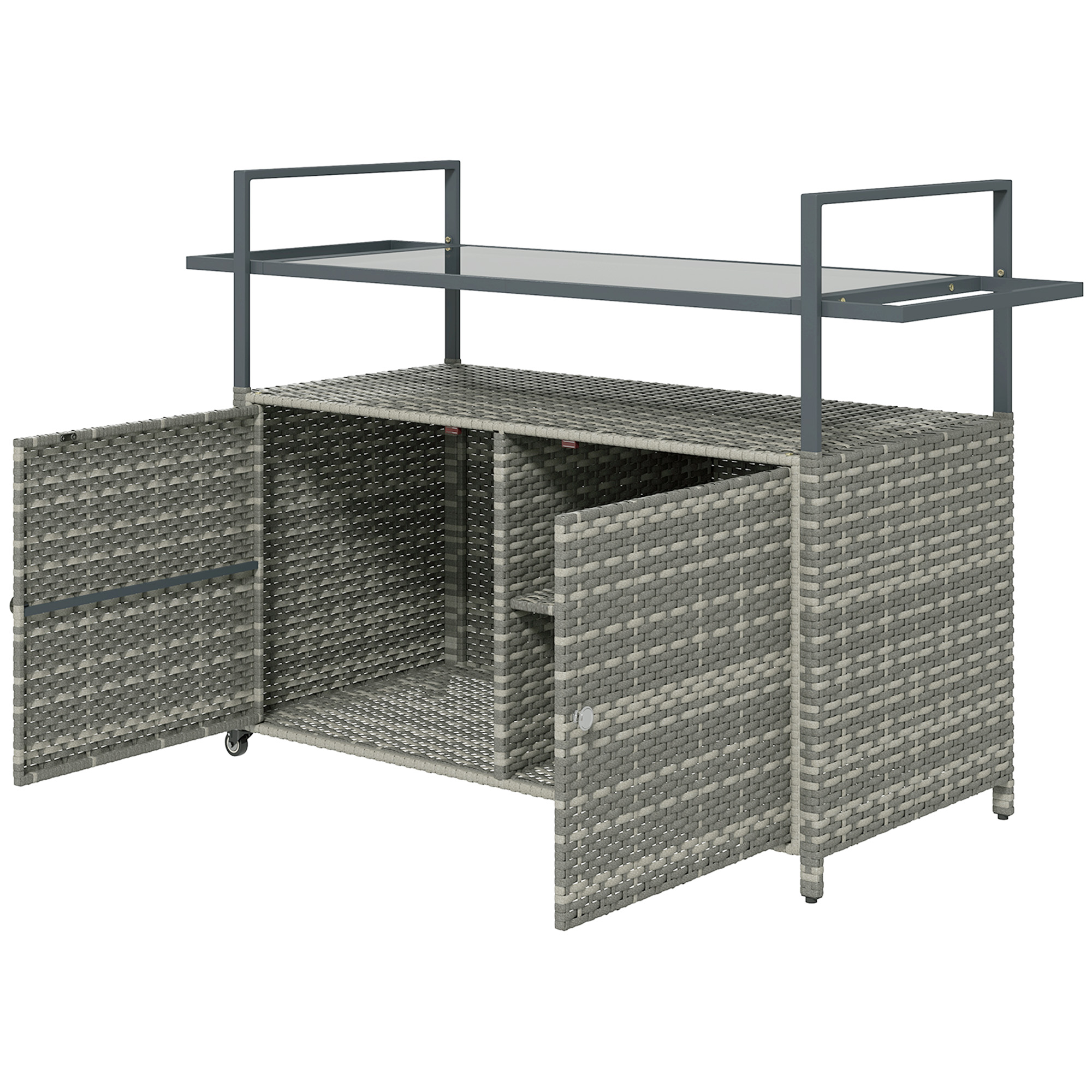 Outsunny 2-Tier Shelf PE Rattan Outdoor Bar Table, Glass Top Outdoor Serving Cart with Cabinet, Mixe
