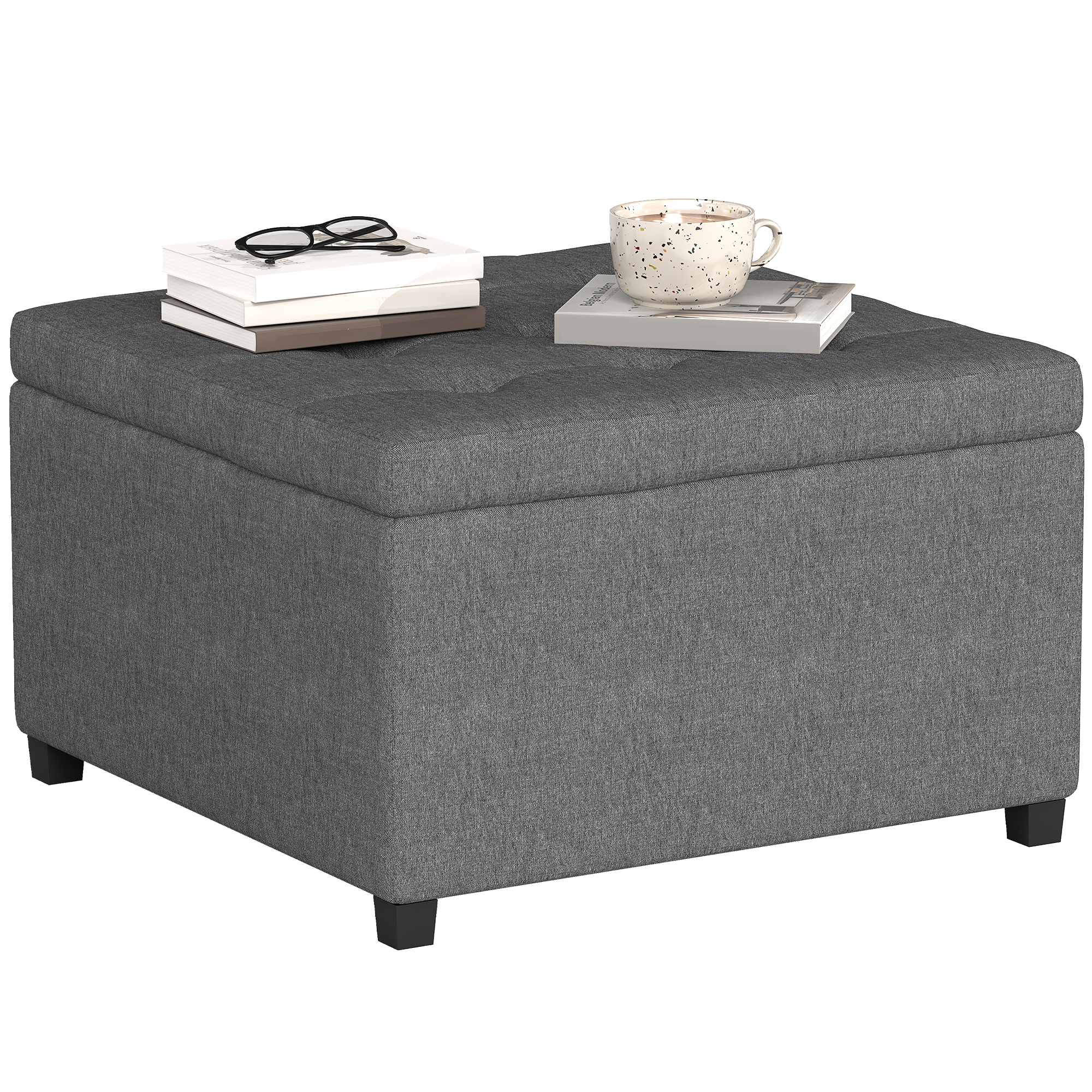 HOMCOM Round Storage Ottoman Bench, Button Tufted Ottoman with Flip Top for Living Room, Entryway and Bedroom, Gray