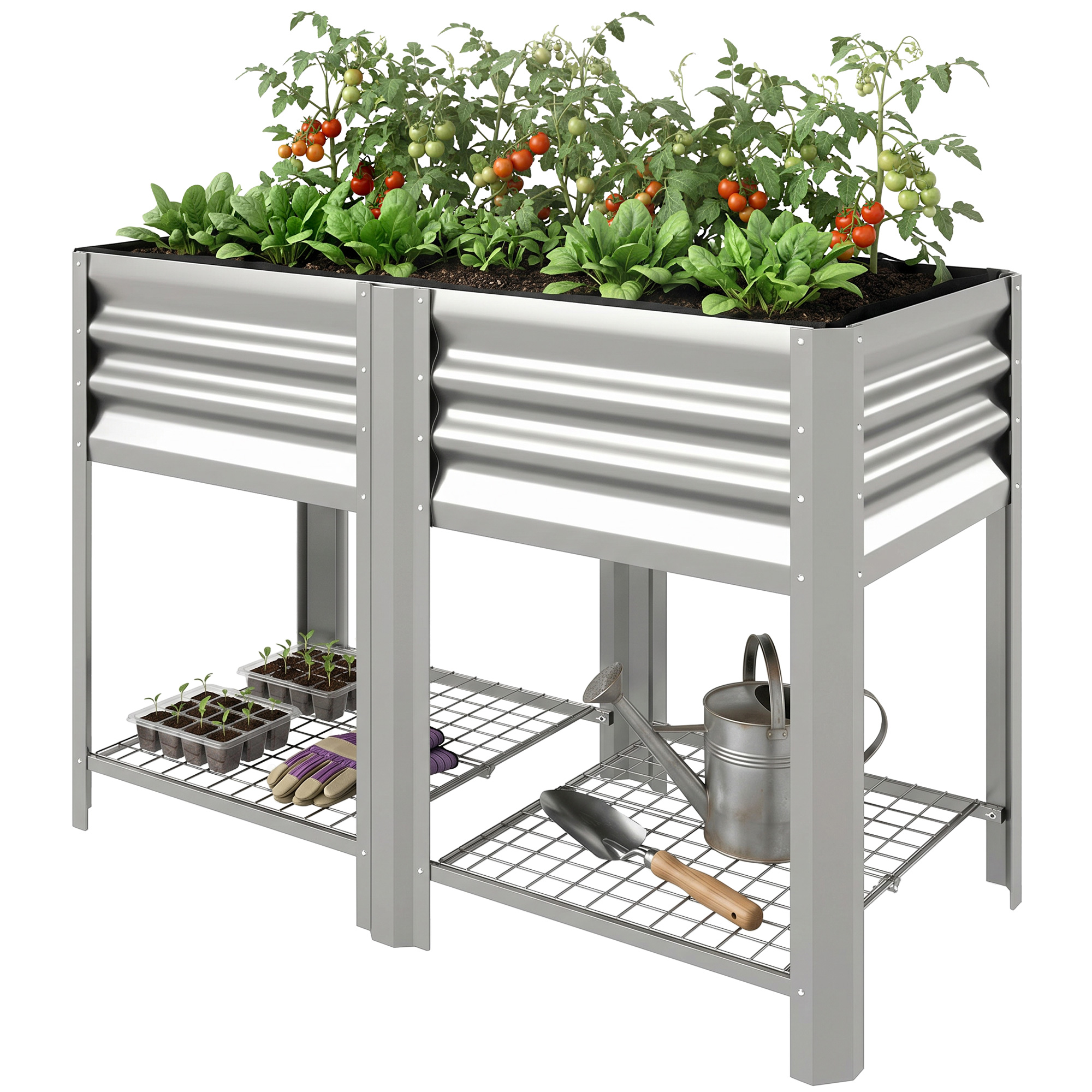 "Outsunny Raised Garden Bed Galvanized Steel, Elevated Planter Box with Storage Shelf, Bed Liner, 31.5"" High, Silver"