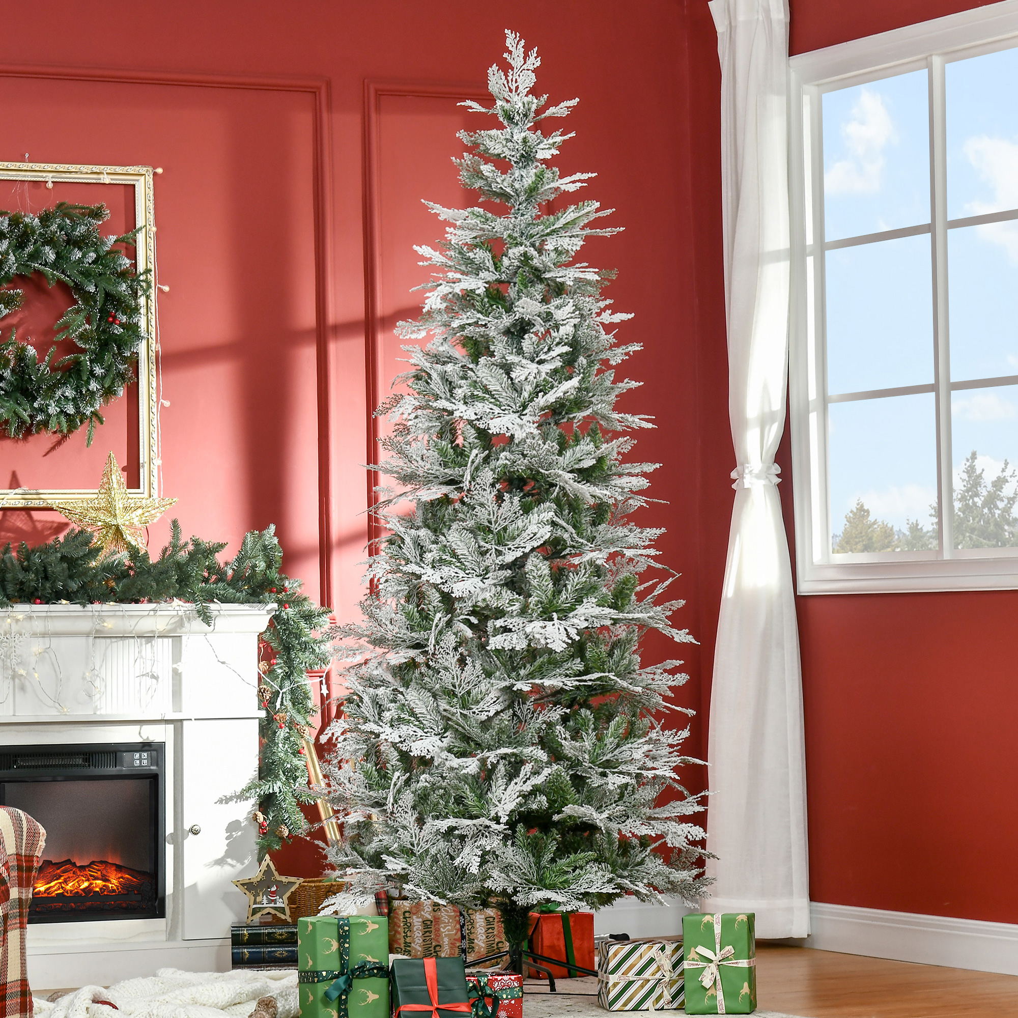 HOMCOM 7.5 Foot Pencil Snow Flocked Artificial Christmas Tree with 880 Realistic Cypress Branches, Auto Open, Green Aosom Canada
