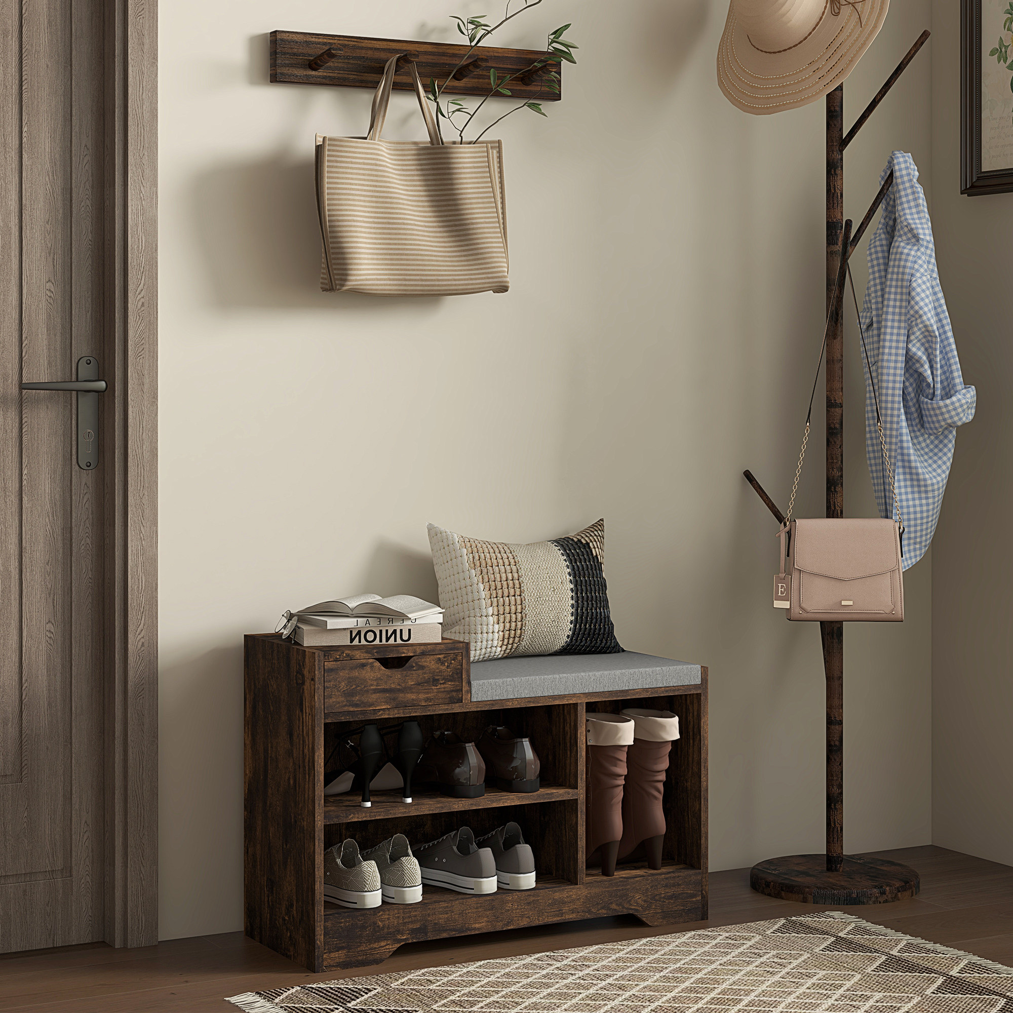 HOMCOM Upholstered Shoe Storage Bench Hallway Entryway Seat Drawer 3 Open Shelves Rustic Brown Wood Aosom Canada