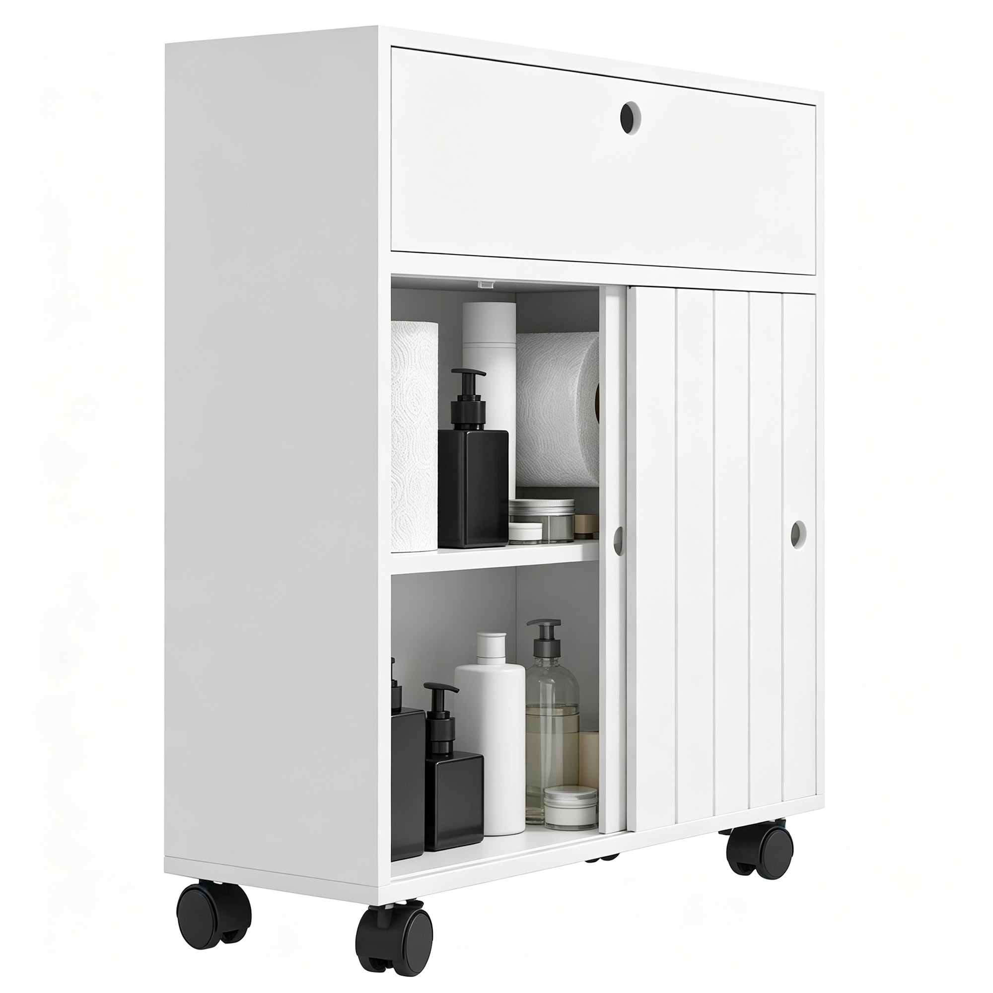 kleankin Toilet Paper Cabinet, Slim Bathroom Cabinet with 4 Rolling Wheels, Small Bathroom Storage Cabinet with Paper Holes, Sliding Doors and Adjusta