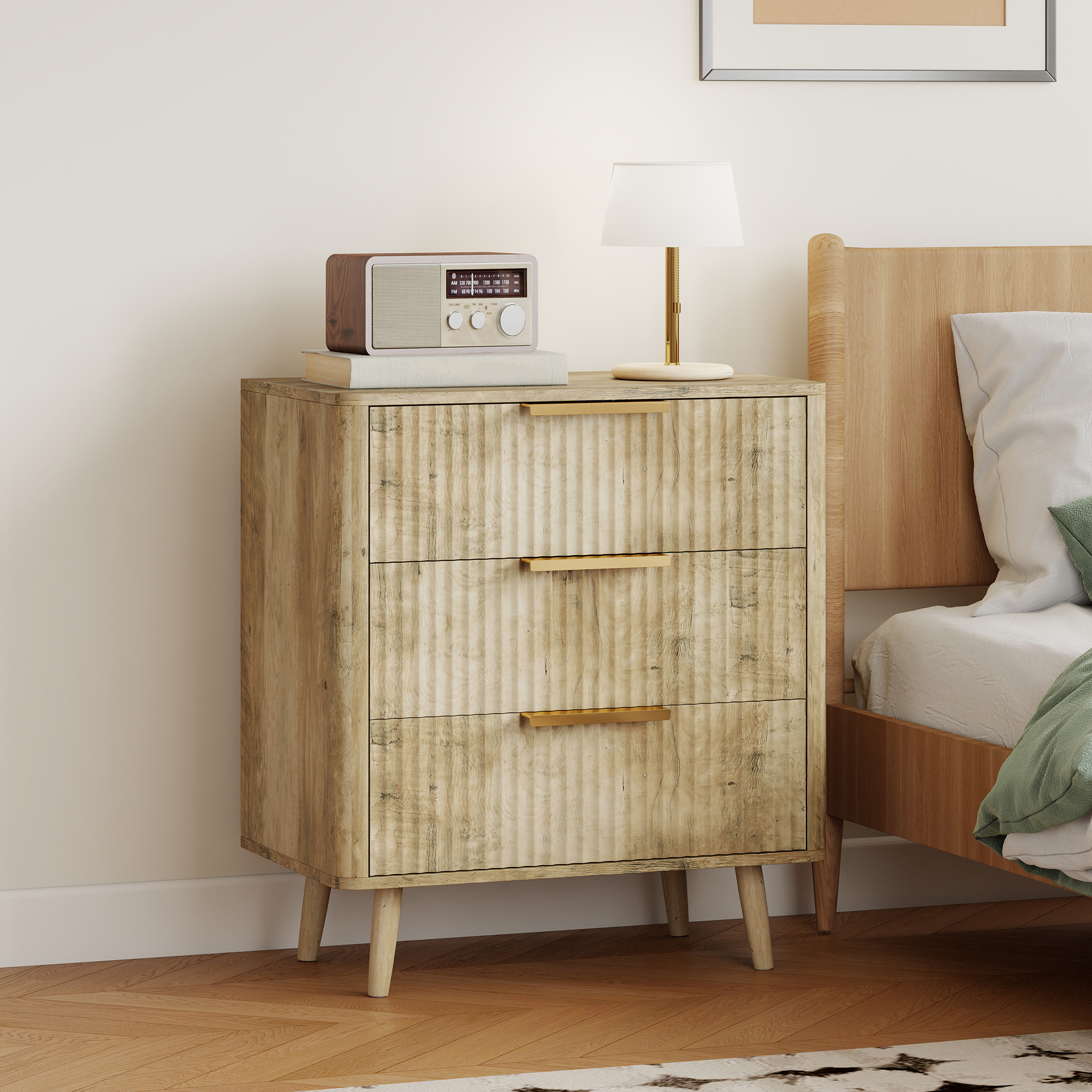 HOMCOM Fluted Chest of Drawers, Modern 3 Drawer Dresser with Pine Wood Legs, Finger Pulls for Closet, Living Room, Hallway, Oak Aosom Canada