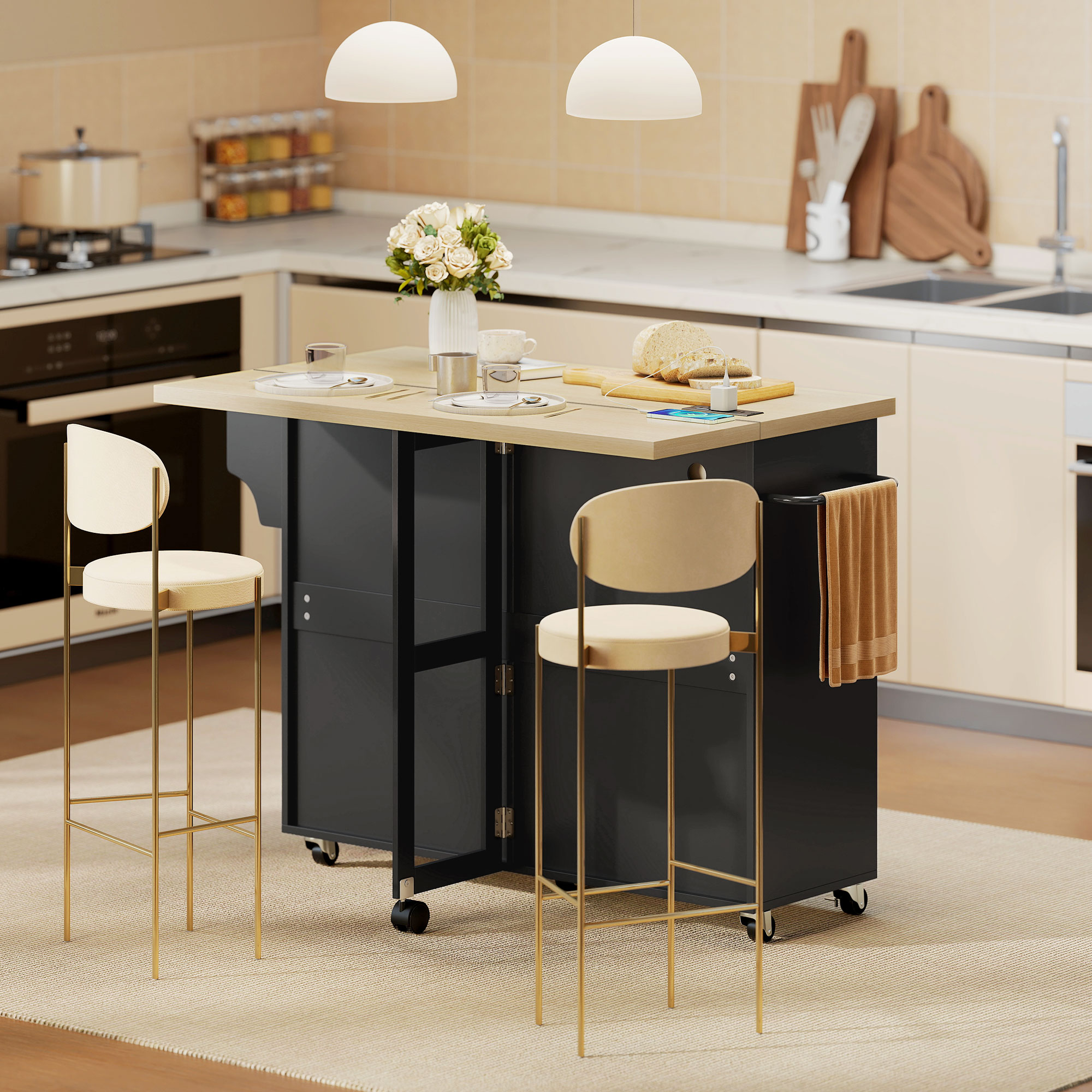 HOMCOM Kitchen Island with Storage, Rolling Kitchen Cart with Charging Station, Drop Leaf, Spice Rack, Towel Rack, Drawers Aosom Canada