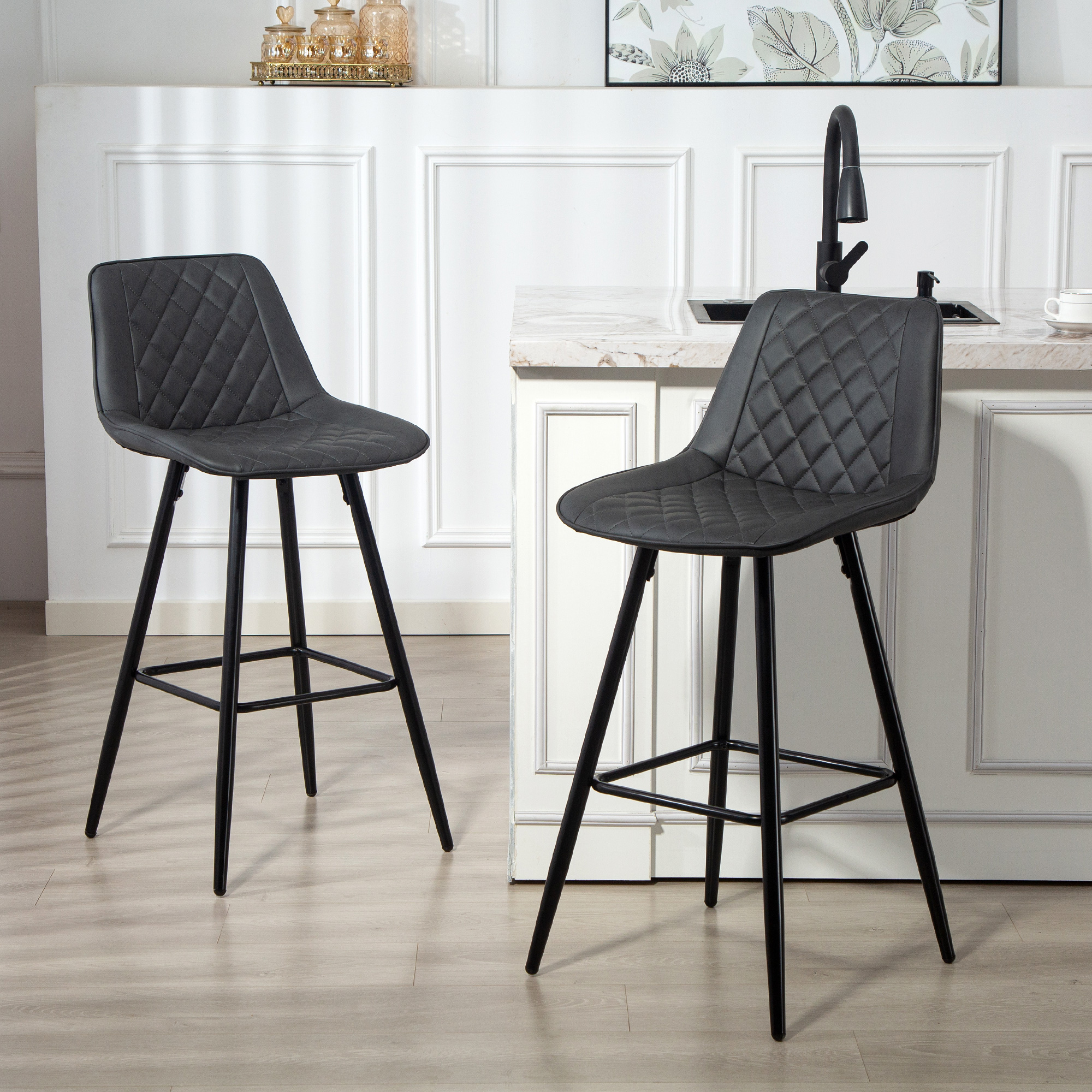 HOMCOM PU Leather Counter Height Bar Stools Set of 2 Vintage Style with Metal Legs Footrest for Kitchen Island Black Aosom Canada