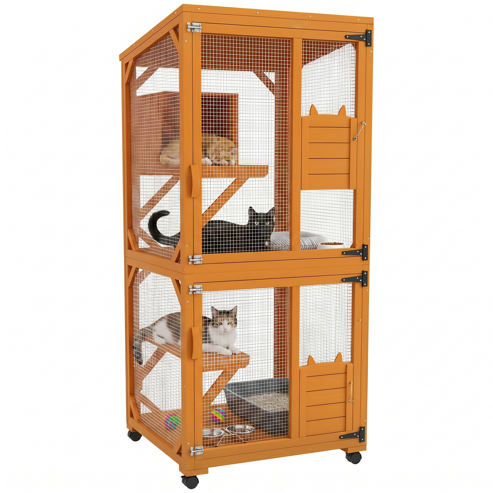 オレンジ型キャットハウス PawHut Large Cat House for 1-3 Cats on Wheels Wooden Catio