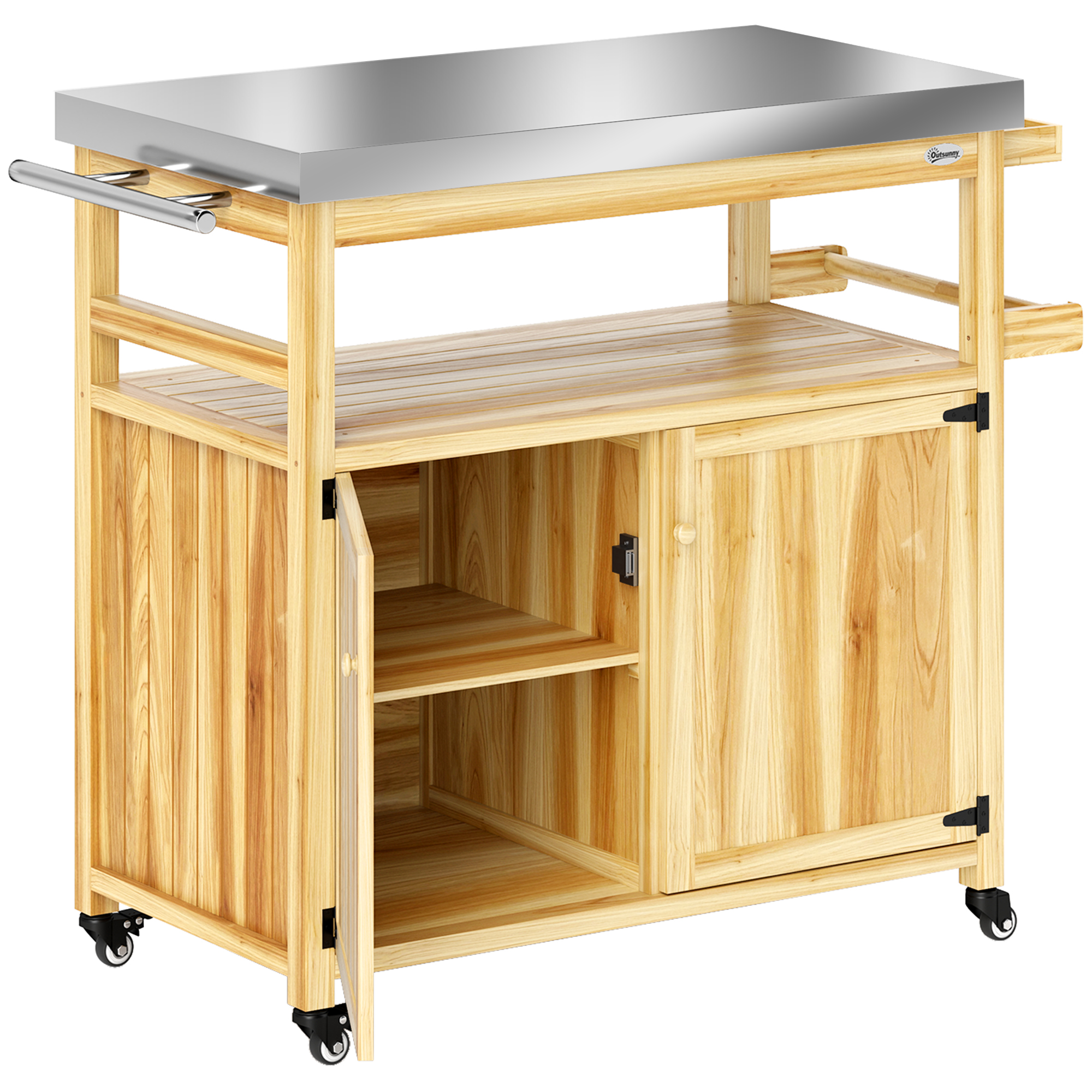 Outsunny Outdoor Grill Cart w/ Stainless Steel Top, Solid Wood Outdoor Kitchen Island w/ Wheels, Sto