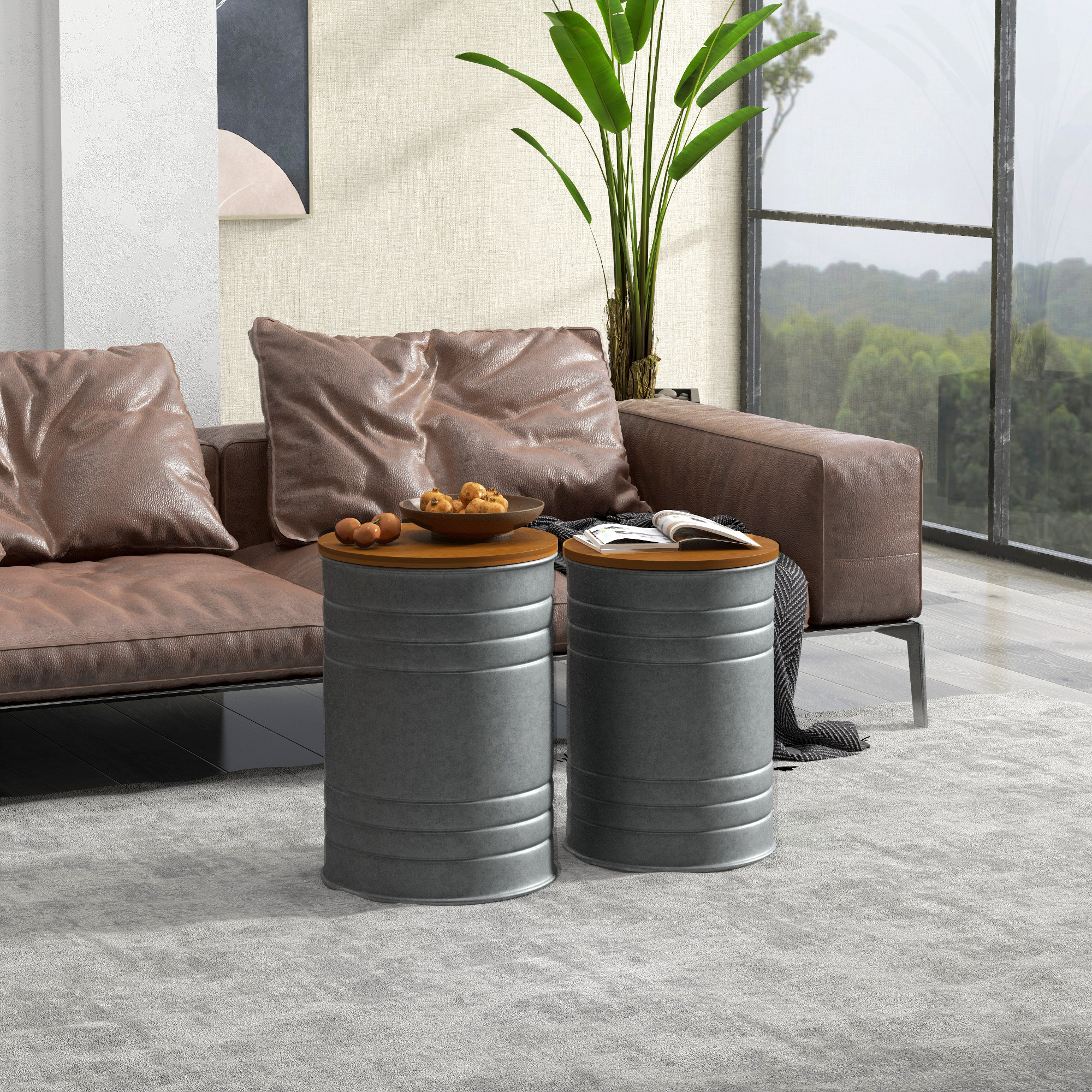 HOMCOM Side Table Set of 2 Round Nesting Coffee Tables with Wooden Lid and Hidden Storage Space Grey Aosom Canada