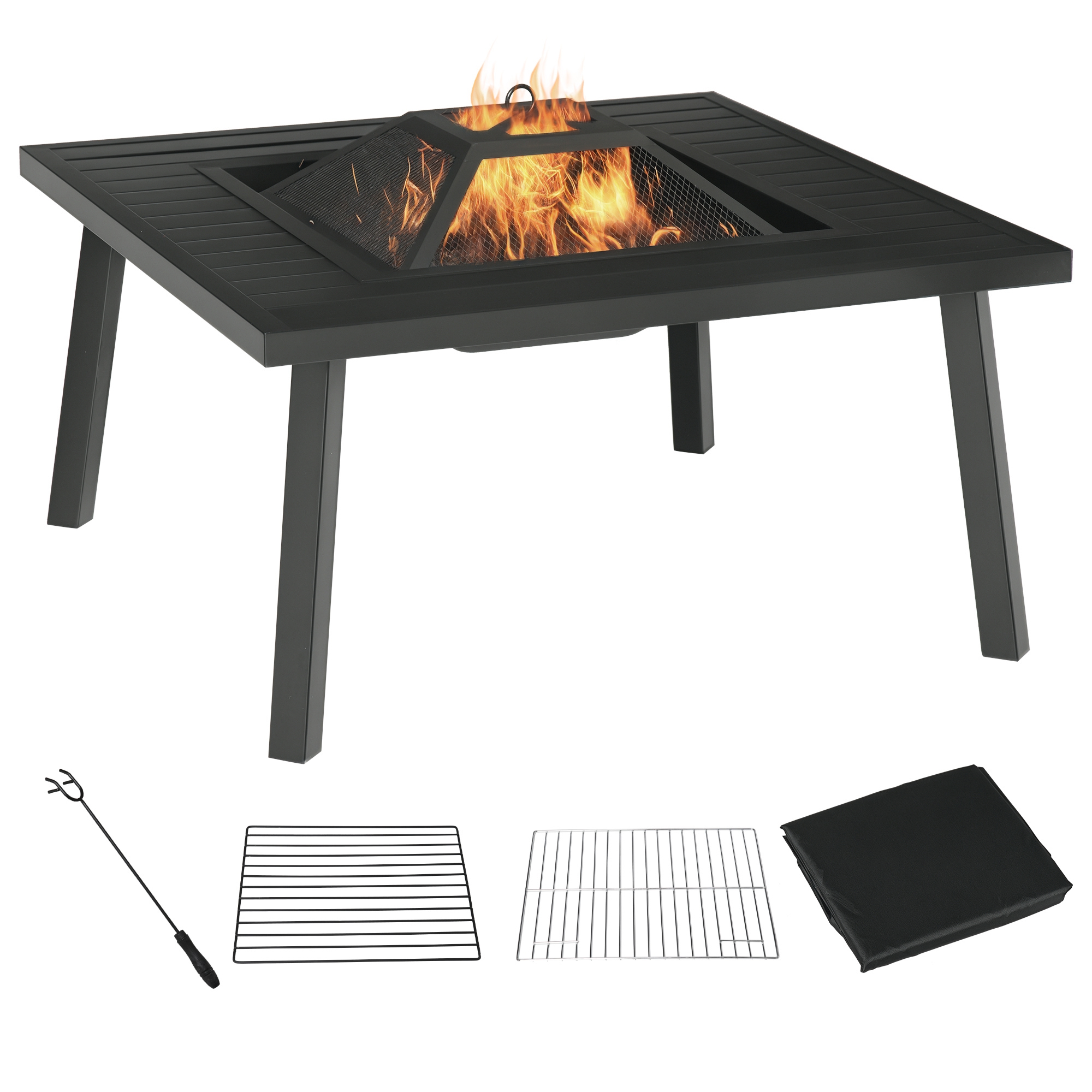 Outsunny 34" Fire Pit with Grill, Metal Outdoor Wood Burning Firepit with Spark Screen, Fire Poker,