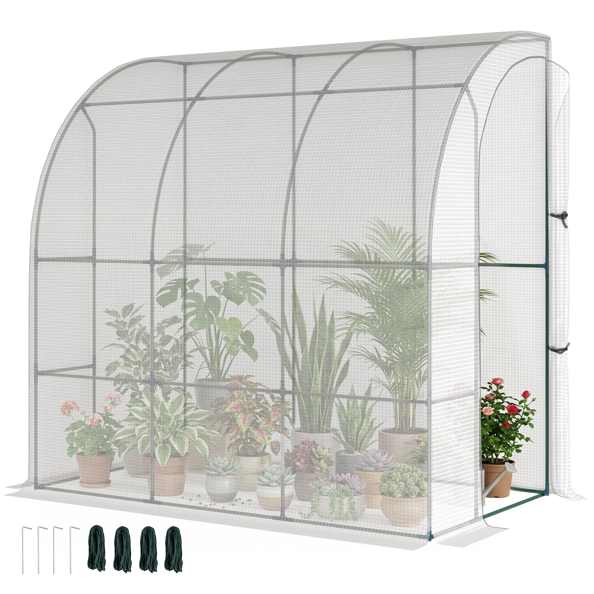 Outsunny 7' x 4' x 7' Outdoor Lean to Greenhouse, Walk-In Green House Plant Nursery with Roll-up Window, PE Cover, White