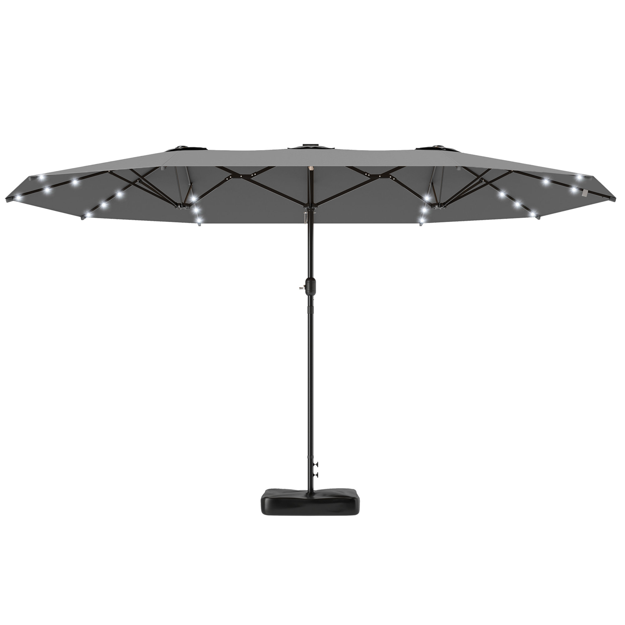 Outsunny Garden Parasol 14.4ft Double-Sided Sun Umbrella with Base, Patio Parasol with LED Solar Lights, Gray