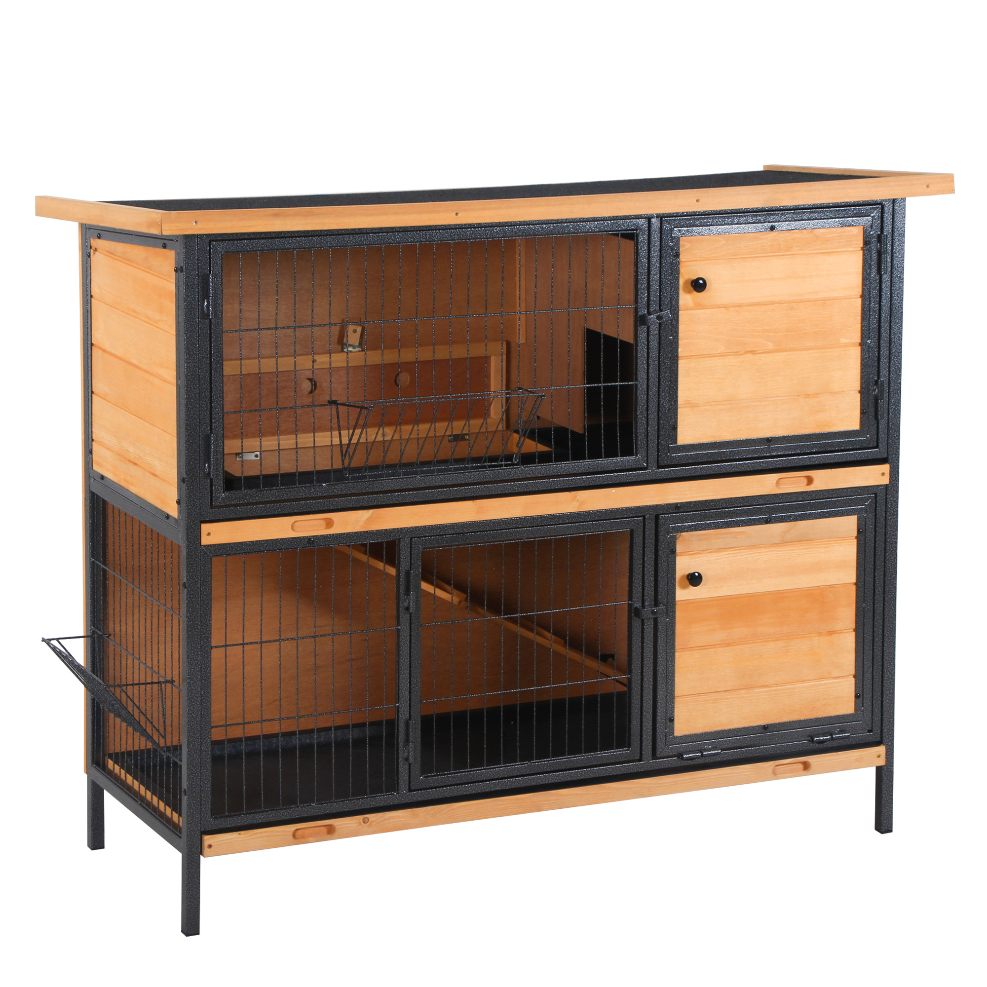 PawHut 48" 2-Story Large Rabbit Hutch Bunny Cage Wooden Pet House Metal Frame with Rooms, Ramp, No Leak Tray, Feeding Trough