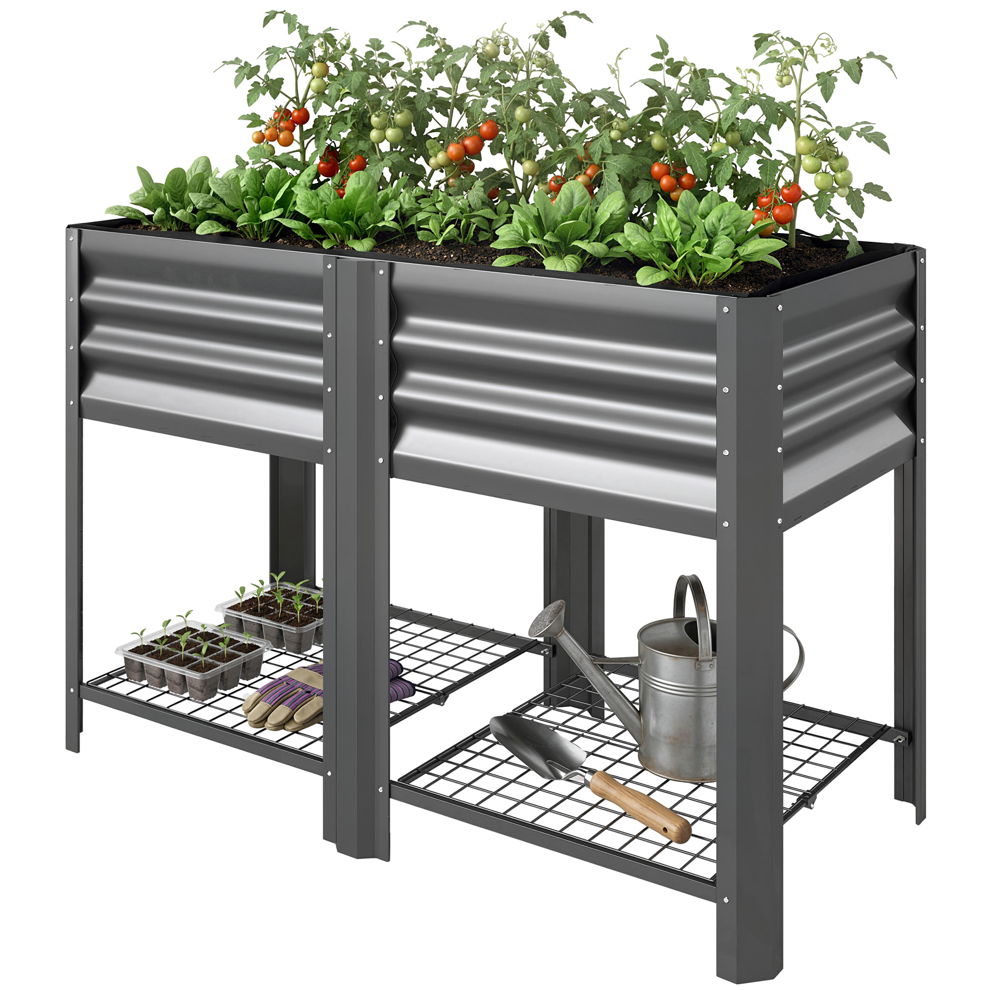"Outsunny Raised Garden Bed Galvanized Steel, Elevated Planter Box with Storage Shelf, Bed Liner, 31.5"" High, Dark Gray"