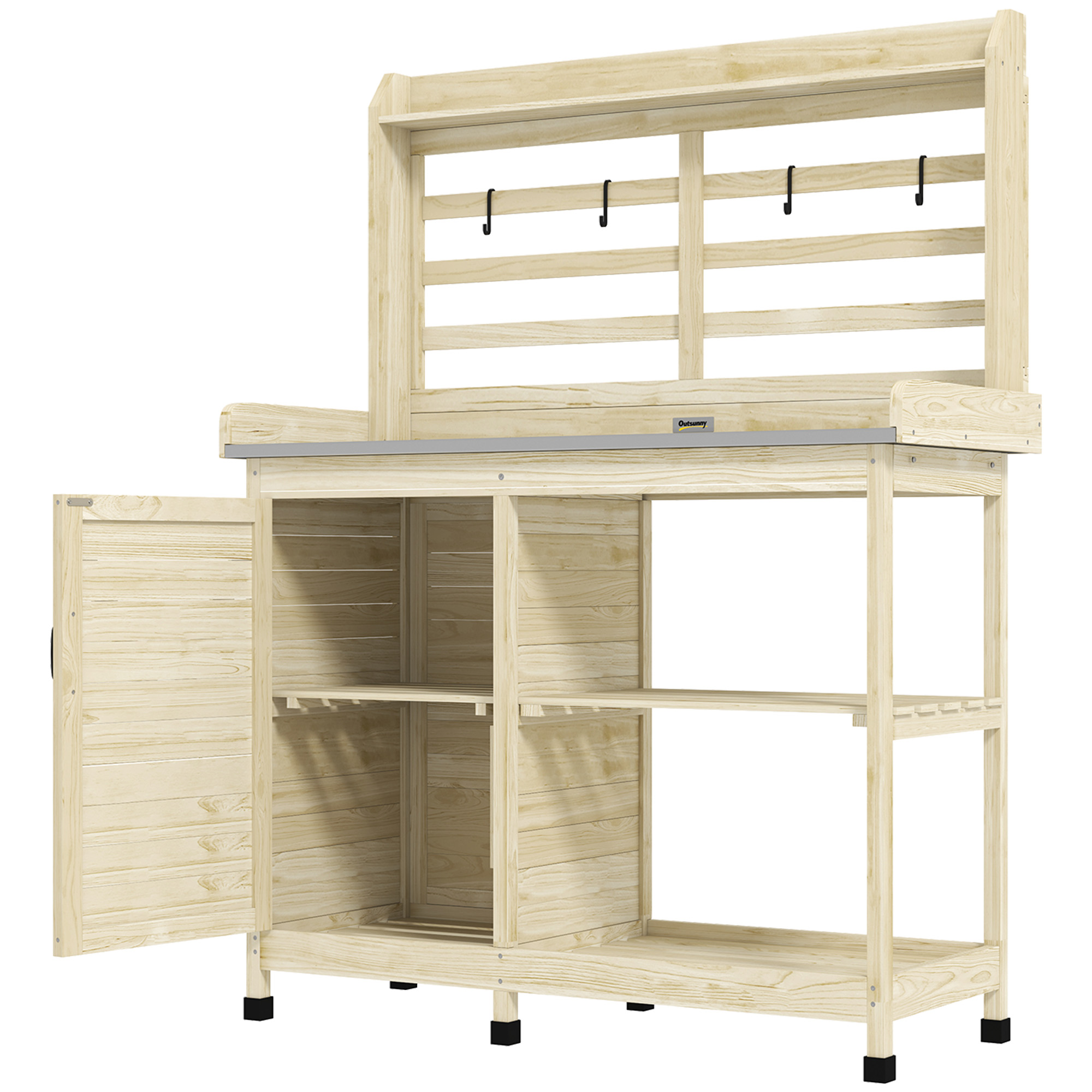 Outsunny Wooden Potting Bench with Storage, Aluminum Tabletop for Backyard, Patio, Balcony, Natural