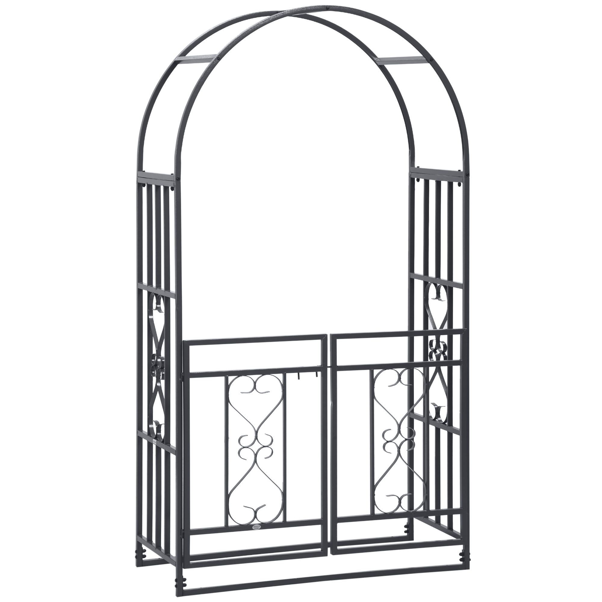 Outsunny 81" Metal Garden Arbor with Double Doors, Locking Gate, Climbing Vine Frame with Heart Motifs, Arch for Wedding, Bridal Party Decoration, Gre