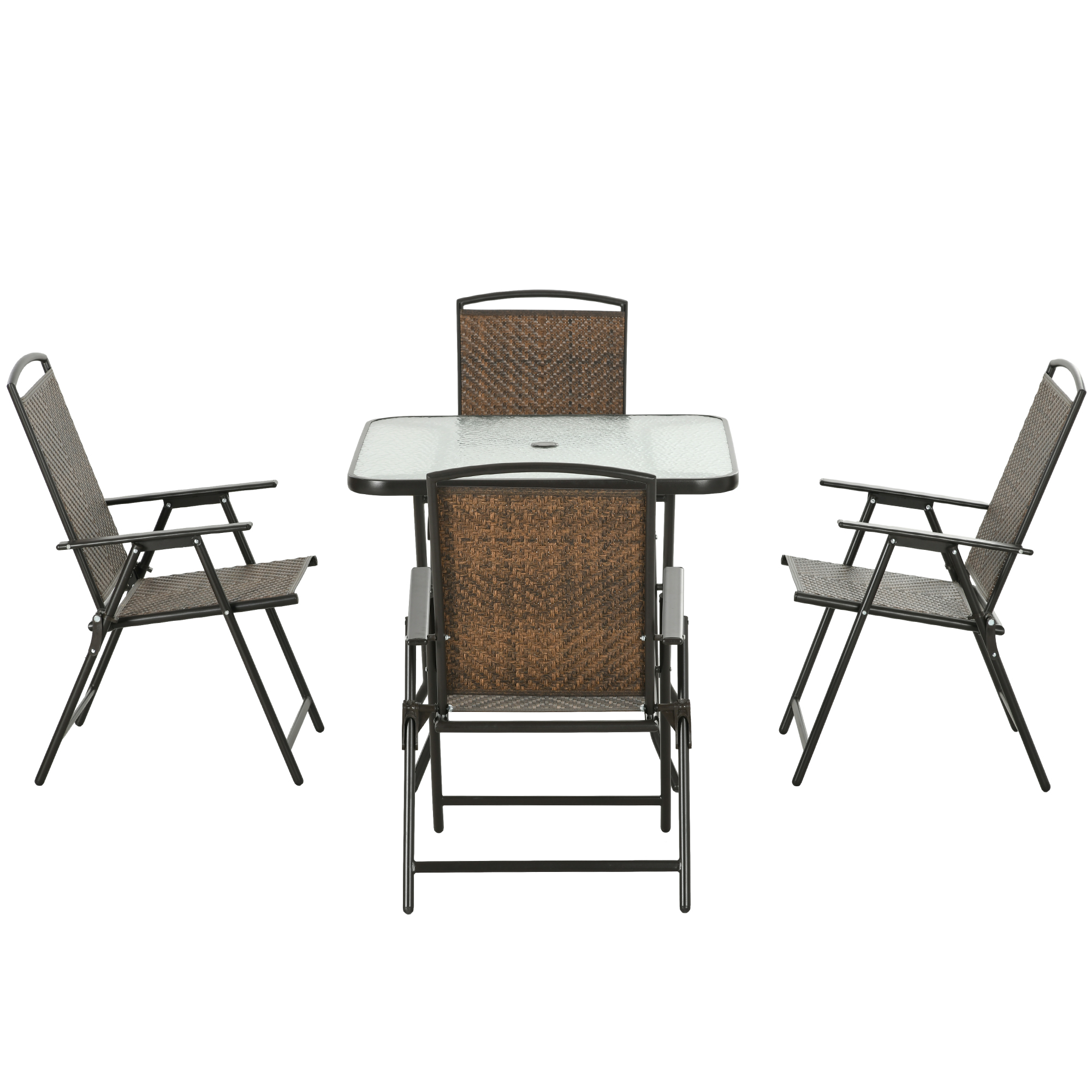 Outsunny 5 Pieces Patio Table and Chairs, Foldable Wicker Outdoor Dining Table Set with Umbrella Hole, Dark Brown