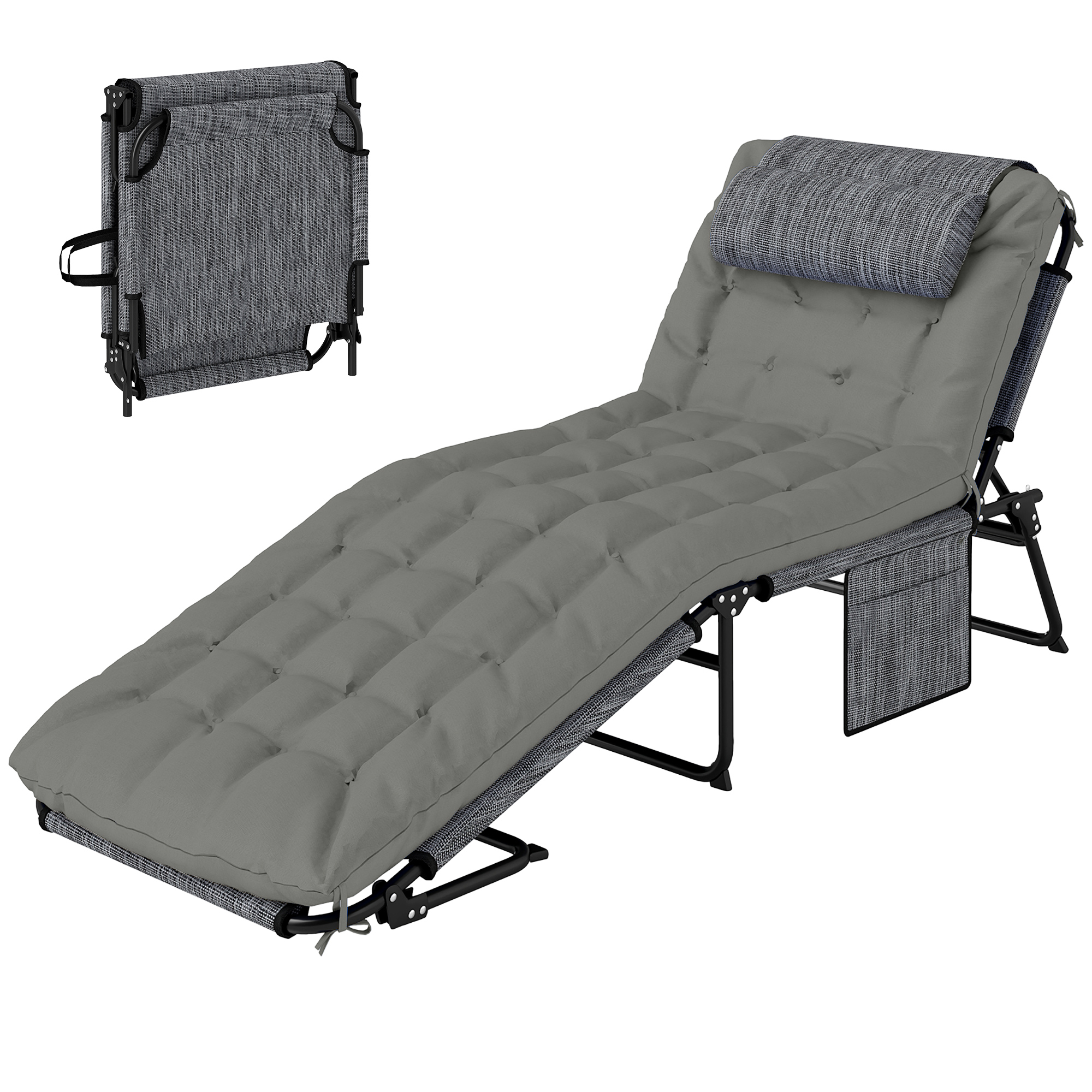 Outsunny Folding Chaise Lounge Pool Chair with 4-level Reclining Back, Cushion, Side Pocket, Headrest, Gray