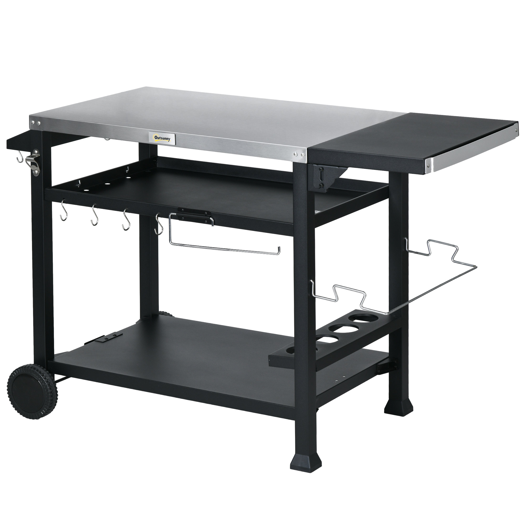 Outsunny 3-Shelf Outdoor Grill Cart Table with Foldable Side Table, Stainless Steel Pizza Oven Stand on Wheels, Black