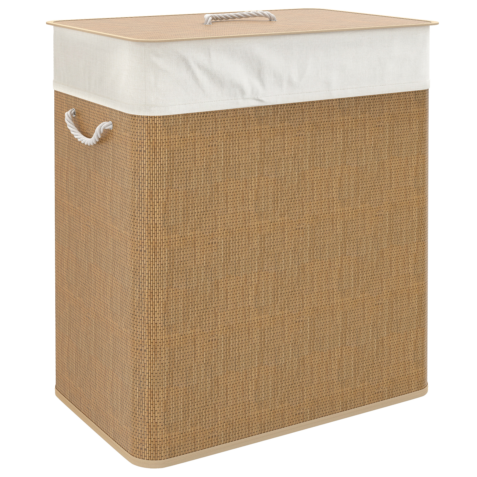 HOMCOM Double Laundry Basket with Lid, 26.4 Gallon Bamboo Laundry Hamper with Rope Handles and Removable Liner, Brown