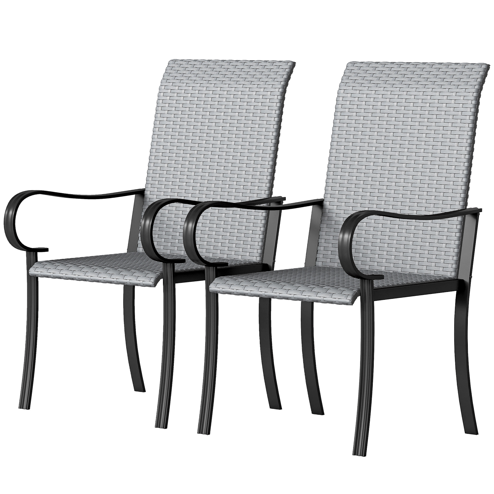 Outsunny Set of 2 Outdoor Wicker Dining Chairs with Armrest, Steel Frame, High Back and Deep Seating