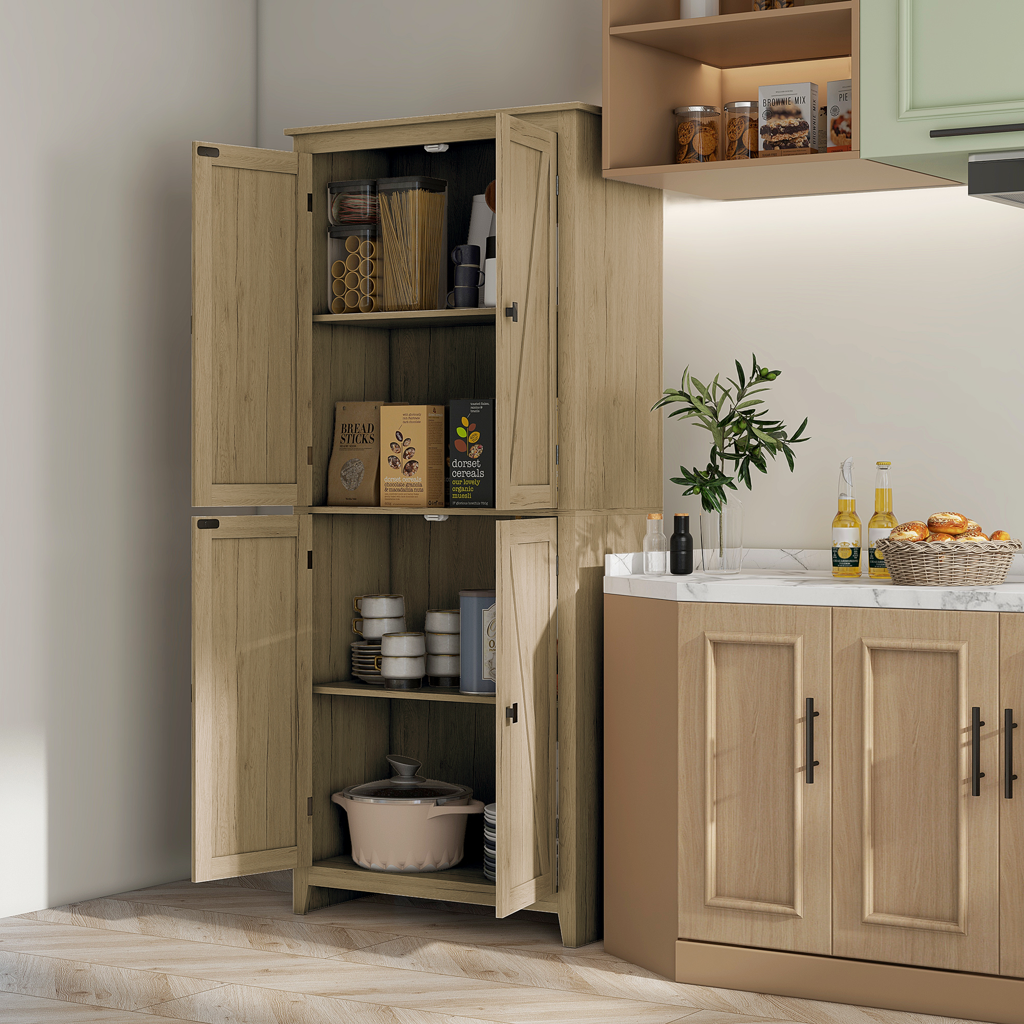 HOMCOM Natural 72" 4-Door Kitchen Pantry: Freestanding Buffet Cabinet, Pantry Organizer with 4-Tier Shelves Aosom Canada