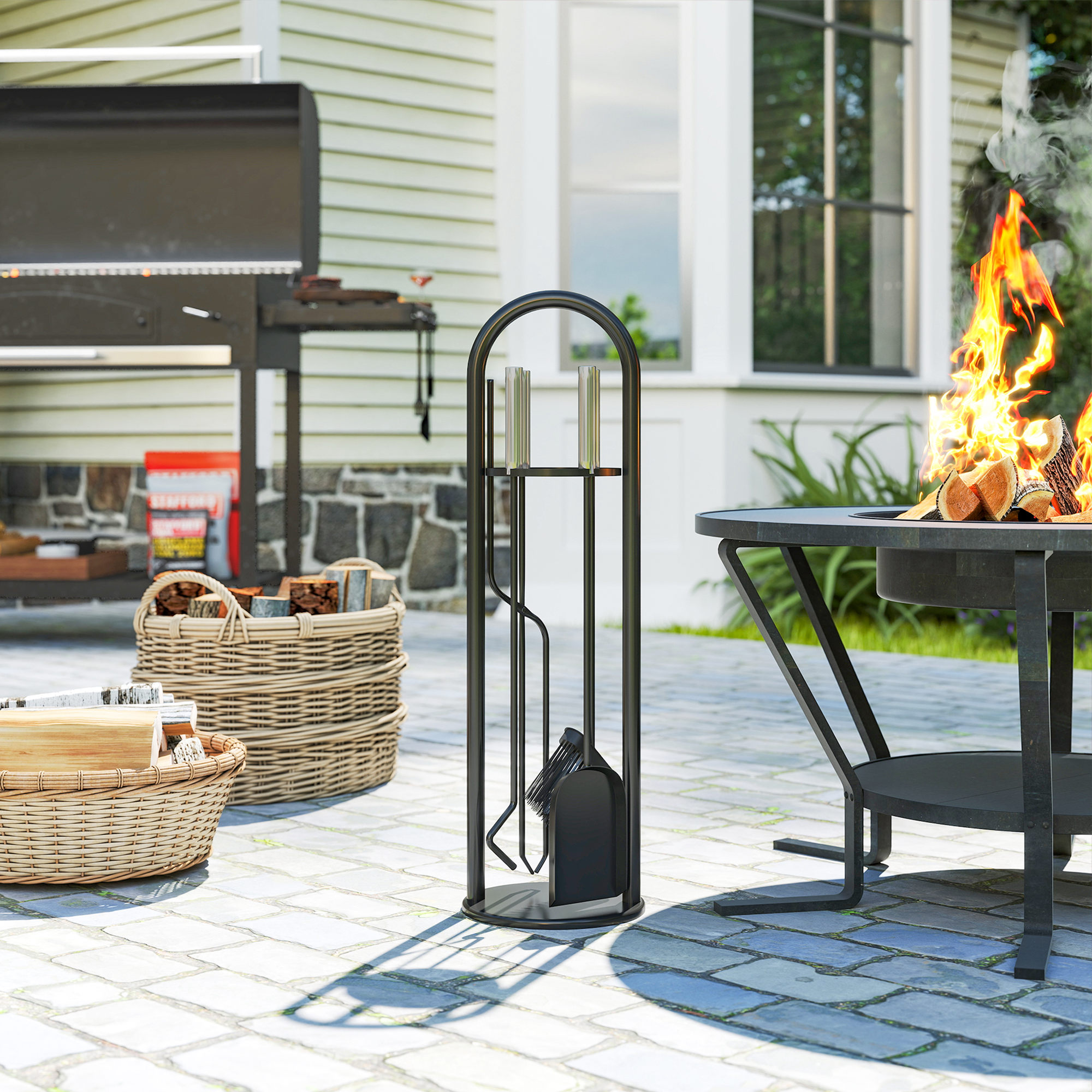 Outsunny Fireplace Tools Set, 5 Pieces Fireside Accessories with Brush, Shovel, Poker, A Pair of Tongs, Stand, Silver Aosom Canada