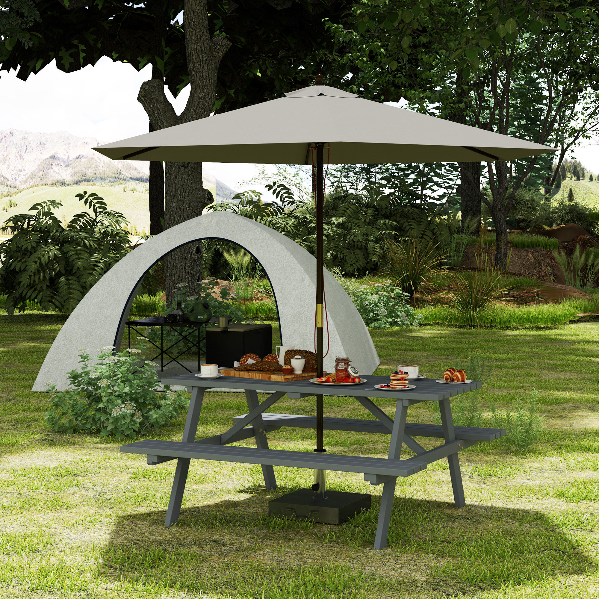 Outsunny Wood Picnic Table, Camping Table and Bench Set with Umbrella Hole for Outdoor, Garden, Patio, Backyard, Grey | Aosom Canada