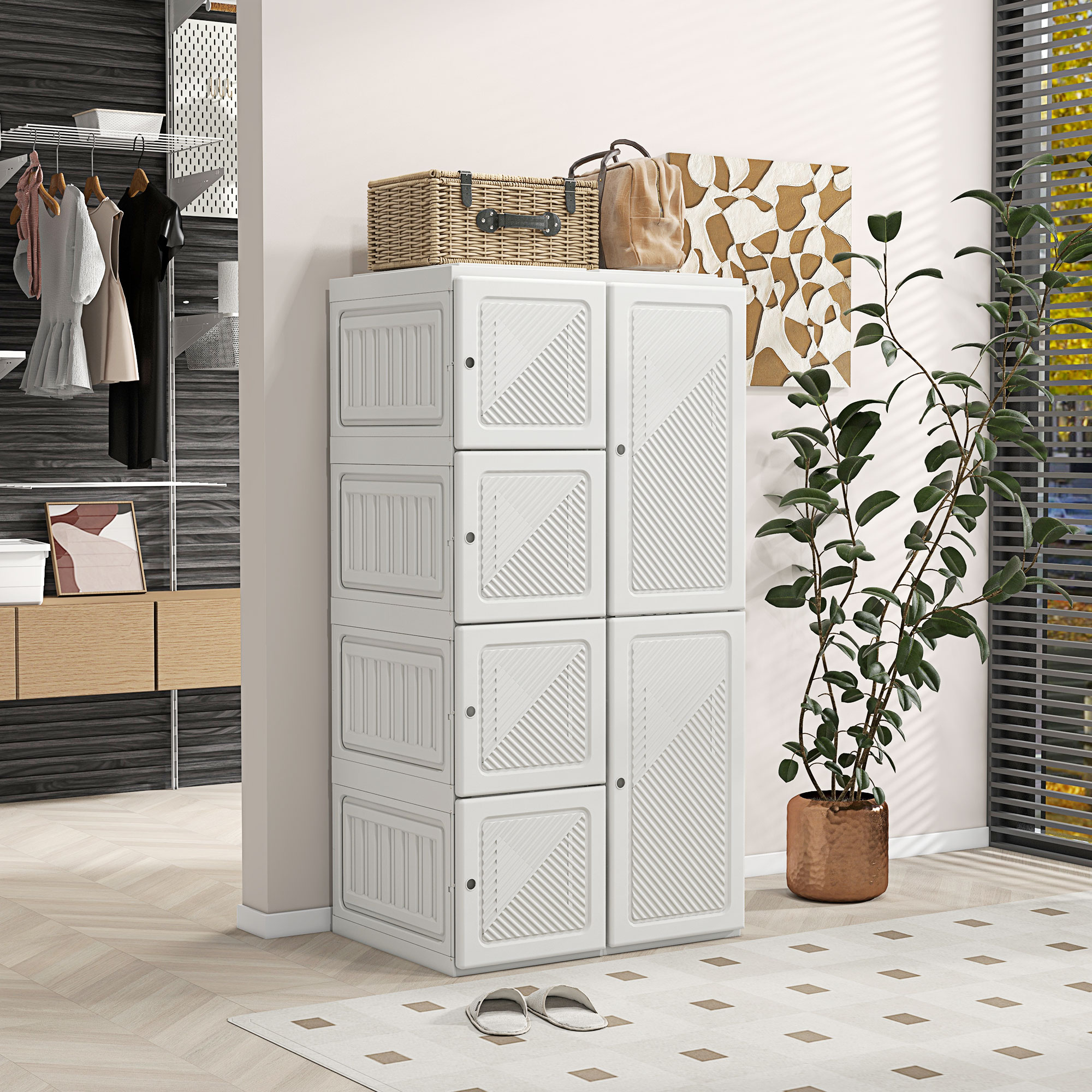 HOMCOM Portable Wardrobe, Foldable Clothes Storage Organzier with 4 Compartments, Hanging Rod, Magnet Doors, White Aosom Canada
