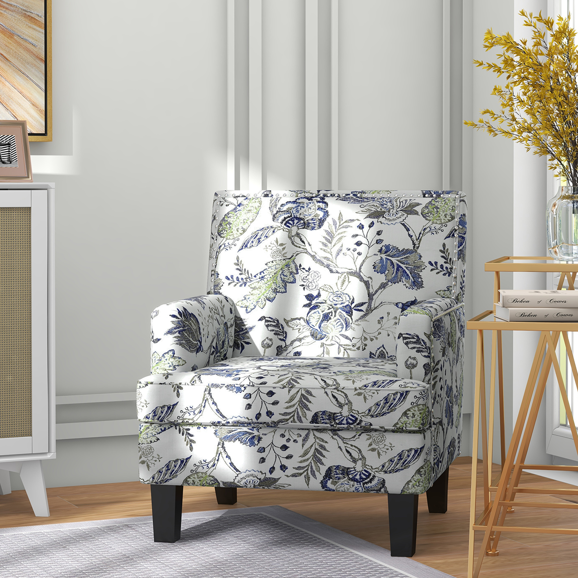HOMCOM Upholstered Mid-Century Accent Chair with Floral Pattern Nailhead Trim for Living Room Bedroom Multicolor Aosom Canada