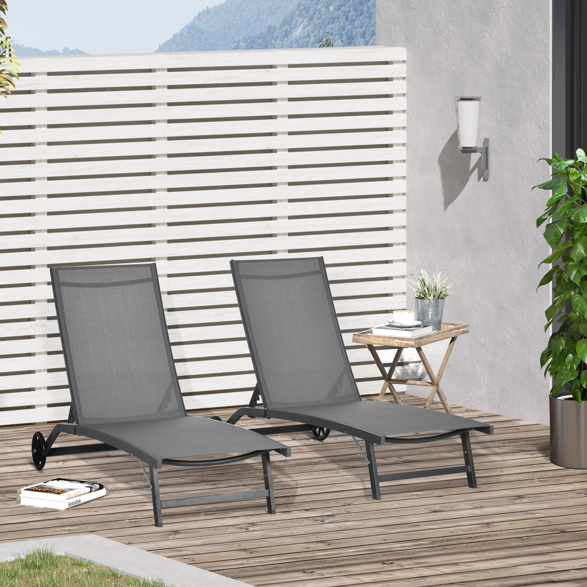 Outsunny Outdoor Lounge Chair Set of 2, Tanning Chair with Wheels, Breathable Mesh for Patio, Backyard, Poolside, Dark Grey Aosom Canada