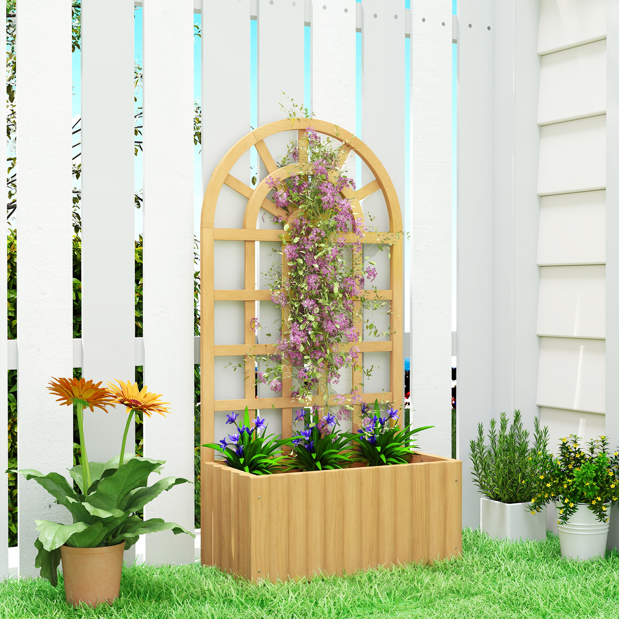 Outsunny Wooden Raised Garden Bed with Lattice Trellis, Outdoor Elevated Planter Box with Drainage Holes for Climbing Plants Aosom Canada