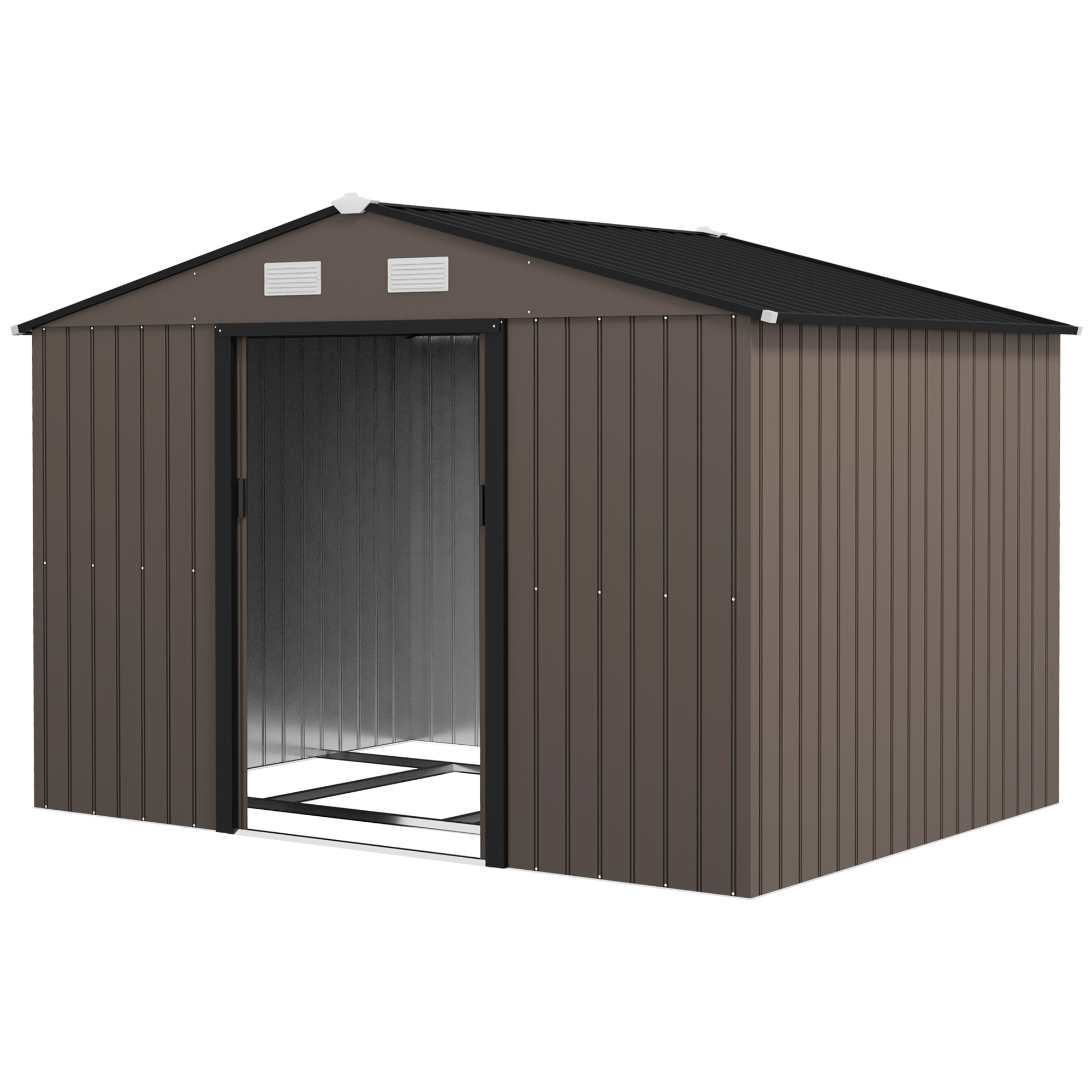 Outsunny Outdoor Shed Garden Storage Shed, Tool Storage Building with 4 Vents and 2 Sliding Doors for Garden Patio Lawn, 9' x 6', Brown
